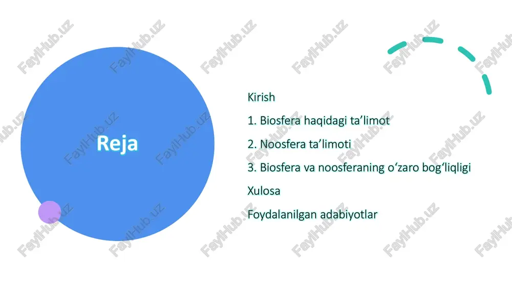 sining shakllanishi vibor vizualnix sredstv sovershenstvovanie prezentatsii biosferaning tarkibiy qismlari biosferaning tuzilishi va asosiy tarkibiy qismlari biosferaning tuzilishi murakkab va ko’p qatlamli bo’lib, u yerning turli qatlamlarini o’z ichiga oladi. biosfera atmosferaning ozon qatlami (taxminan 20–25 km balandlikgacha), litosferaning yuqori qismi (bir necha kilometr chuqurlikgacha) va gidrosferaning to’liq qismini qamrab oladi. bu chegaralar tirik organizmlarning yashash sharoitlariga bog’liq bo’lib, ularning pastki chegarasi okean tubidagi chuqurliklar (10–11 km) va yer osti suvlarida, yuqori chegarasi esa stratosferada joylashgan. noosfera ta’limoti “noosfera” tushunchasi va uning mazmuni noosfera tushunchasi xx asrning boshlarida paydo bo'lgan va insoniyatning tabiatdagi o'rnini qayta baholashga asoslangan falsafiy va ilmiy kontseptsiya sifatida rivojlangan. bu atama rus geoximiysi vladimir ivanovich vernadskiy tomonidan taklif etilgan bo'lib, u yunoncha "noos" (aql, fikr) va "sfera" (sfera) so'zlaridan olingan. vernadskiy noosferani biosferaning yangi holati, ya'ni sayyoramizdagi aql va fikr sohasi deb ta'riflagan. inson tafakkuri va ilmiy faoliyatning biosferaga ta’siri inson tafakkurining biosferaga ta'siri noosfera kontseptsiyasining …