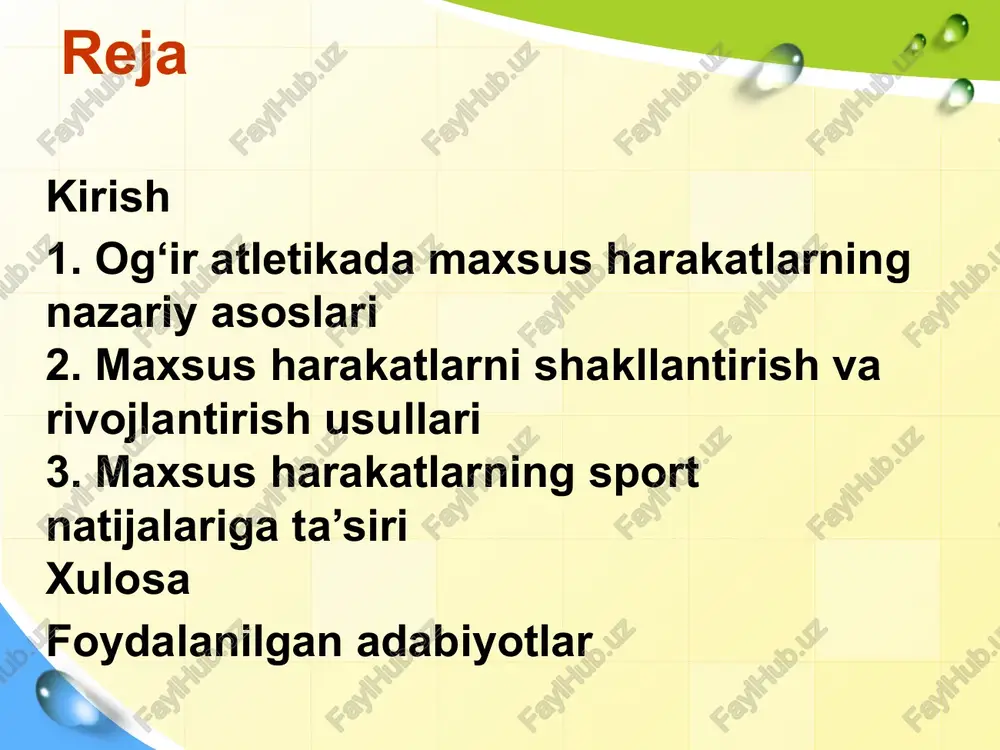 igini emas, balki maxsus texnikasini rivojlantirishga qaratilgan. bu harakatlar oddiy jismoniy mashqlardan farqli o‘laroq, yuqori darajadidagi muvofiqlik, kuch va tezlikni talab etadi. masalan, maxsus harakatlarning asosiy xususiyati – bu harakatning fazalarga bo‘linishi: tayyorgarlik fazasi, asosiy harakat fazasi va barqarorlik fazasi. tayyorgarlik fazasida sportchi og‘irlikni to‘g‘ri ushlab, tana holatini sozlaydi; asosiy fazada kuchli qisqarish yuz beradi; barqarorlik fazasida esa og‘irlikni ushlab turish ta’minlanadi.maxsus harakatlarning turlari sportning maqsadiga qarab farqlanadi. og‘ir atletikaga xos harakatlar: turtish, siltab ko‘tarish, shtangani ushlab turish og‘ir atletikada xos harakatlar musobaqa dasturining asosiy elementlari bo‘lib, ular orqali sportchilar eng og‘ir og‘irliklarni ko‘tarishga harakat qilishadi. bu harakatlar xalqaro qoidalarga muvofiq standartlashtirilgan va har biri o‘ziga xos texnika talab etadi. birinchi navbatda, turtish harakati ko‘rib chiqiladi. turtish – bu shtangani ko‘g‘in ustiga ko‘tarib, keyin uni tana oldidan yoki orqasidan yuqoriga surishdan iborat. harakatning birinchi fazasida sportchi shtangani ko‘g‘in darajasiga yetkazadi, ikkinchi fazasida esa qo‘llar va yelkalarni kuchli surib, og‘irlikni bosh …
