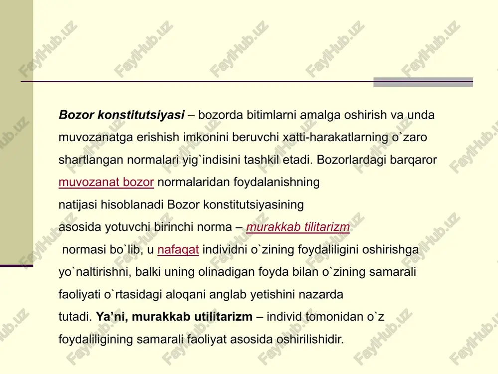 t o`z faoliyati hisobidan yutuqqa erishish mumkinligining tan olinishi muqobil variant hisoblanadi. bozor munosabatlariga o`tishning umumiy strategik maqsadi shundan iboratki, mamlakatning mustaqil xayoti va taraqqiyoti, kuch-qudrati, xalqning munosib turmushi va mexnat sharoiti xamda borgan sari farovon va barkamol xayot kechirishni ta’minlaydigan iqtisodiyotni barpo qilishdir. bozor munosabatlariga o`tishning umumiy strategik maqsadi bu bozor iqtisodiyotiga o`tishning xamma xalklar uchun umumiy bulgan talablari, umumiy konuniyatlari, konun-koidalari mushtarakligini belgilaydi. lekin, turli mamlakatlarda bozor munosabatlari shakllanishining ijtimoiy-iqtisodiy, tarixiy, milliy va xalkaro sharoitlari turlicha bulishi tufayli unga utmishda xar bir mamlakatning uz yuli va uziga xos xususiyatlari bulishi mukarrardir. ularning bozor iqtisodiyotiga o`tish xususiyatlari, o`tish davr muammolari va vazifalarida ana shu umumiylik va uziga xoslik jixatlari uz ifodasini topadi. birinchi model - bozor iqtisodiyotiga o`tishning uzok tabiiy-tarixiy jarayon bulib, bu an’anaviy (natural) iqtisodiyot bagrida oddiy tovar ishlab chiqarishning rivojlanishi, kapitalistik ishlab chiqarishga utilishi va undan xozirgi bozor iqtisodiyotining shakllanishidir. bunda texnika-texnologiya va iqtisodiy-ijtimoiy munosabatlar taraqqiyoti-ning xamma …