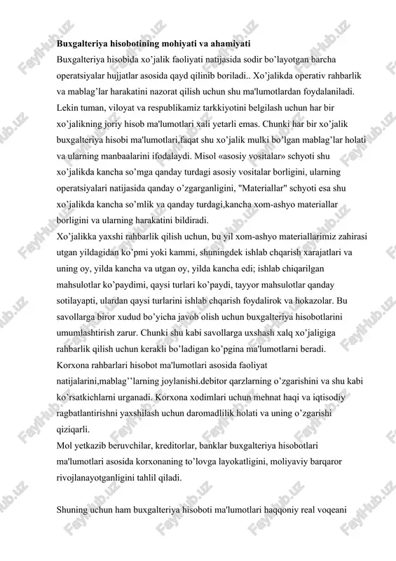 zgarishi qiziqarli. mol yetkazib beruvchilar, kreditorlar, banklar buxgalteriya hisobotlari ma'lumotlari asosida korxonaning to’lovga layokatligini, moliyaviy barqaror rivojlanayotganligini tahlil qiladi. shuning uchun ham buxgalteriya hisoboti ma'lumotlari haqqoniy real voqeani (summani) aks ettirishi, daromad va xarajatlar hisobot davriga mos bo’lishi, hisobot ma'lumotlari o’zaro taqqoslama bo’lishlari, hamda uz muddatida to’zilgan bo’lishi lozim. hisobot ma'lumotlarining haqqoniyligi ta'minlash maqsadida yillik hisobot to’zishgacha korxona mablag’lari va ularni tashkil etuvchi manbaalarning asosiy qismi inventarizatsiyadan o’tkaziladi. asosiy vositalar va nomoddiy aktivlar buxgalteriya balansida eskirish summalari ayrilib qoldiq baholarida aks ettiriladi. tovar moddiy boyliklar esa haqiqiy tannarxda aks ettiriladi. buxgalteriya hisobotini to’zish tartibi, uning tarkibi.hisobot shakllarining mazmuni, hisobotni taqdim etish masalalari bxms-1 «hisob yuritish siyosati va moliyaviy hisobot»da ko’rsatilgan. korxonalar buxgalteriya hisobotlarining hisobot davrlari bo’lib joriy yil.ya'ni kalendar yil 1-yanvardan 31-dekabrgacha hisoblanadi. shunday kilib buxgalteriya hisobotlari xo’jalik yurituvchi sub'ekglarning mulkiy va moliyaviy holatini,hamda faoliyat natijalari to’q’risidagi ma'lumotlarni muddatga umumlaiggirish usulidir. buxgalteriya hisobotlarining namunaviy shakllarini respublika moliya vazirligi tasdiqlaydi va …