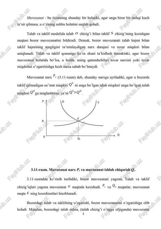 sa, muvozanat narx va muvozanat miqdor larning o’zgarishi har xil bo’lishi mumkin. yuqorida keltirilgan bozor modeli statik bo’lib, u ma’lum vaqt oralig’ini oladi (masalan, u bir oyga, bir yilga teng bo’lishi mumkin). bunday bozor modelida o’zgaruvchilar vaqtga bog’liq emas. modelda talab, taklif va narxlarning bog’liqliklarini vaqt o’zgarishi bilan bog’lasak, model dinamik modelga aylanadi. faraz qilaylik, ma’lum vaqt oralig’ida (masalan, bu oraliq bir oy bo’lsin) bir birlik tovarning bozor narxi bo’lsin (ya’ni, tovar narxi bir oy ichida o’zgarmaydi). tovarning bozor narxi muvozanat narxga teng bo’lishi ham, teng bo’lmasligi ham mumkin. agar biz vaqt oralig’ini qarasak, u holda qiymatlarni qabul qiladi. - narx traektoriyasini yoki dinamik model traektoriyasini beradi. bitta mahsulot uchun bozorning dinamik modelini qaraymiz. modelda talab chizig’ini va taklif chizig’i vaqt o’zgarishi bilan o’zgarmaydi deb faraz qilaylik. talab funktsiyasi va taklif funktsiyasi narx ga bog’liq. bu erda - oraliqdagi narx, - oldingi p - oraliqdagi narx. talab funktsiyasi: bu erda …