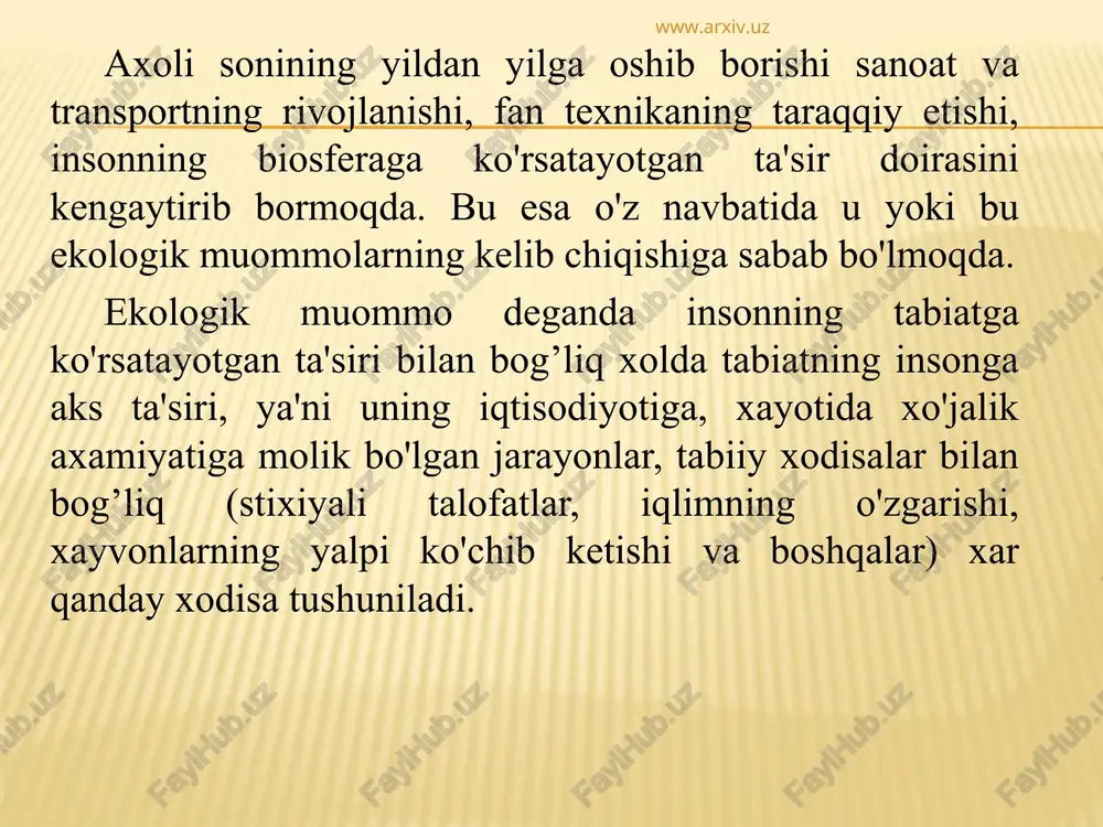 o'g’itlar, aviatsiya gazlari, atom bombalarini portlatishlar atmosferada etarli miqdorda ozon to'planishiga imkon bermayapti. shuning uchun maishiy turmushda sovutkichlarda ishlatiladigan freondan foydalanishni qisqartirish va yaqin yillarda uni ishlab chiqarishni butunlay to'xtatish ko'zda tutilgan. chuchuk suv muammosi. chuchuk suvning biosferadagi roli juda katta. gidrosferada chuchuk suv miqdori juda oz bo'lib, u 2,8 % ni tashkil etadi. www.arxiv.uz www.arxiv.uz chuchuk suv zaxirasi asosan qutblardagi muzliklardir. jamiyatning rivojlanishi bilan axolining chuchuk suvga bo'lgan talabi ortib bormoqda. bizning asrimizda chuchuk suvdan foydalanish 7 marta ortgan. yiliga 3 – 3,5 km3 suv sarflanmoqda. xxi asrga borib ushbu ko'rsatkich 1,5 – 2 marta ortish imkoniga ega. daryolarning umumiy yillik oqimi er yuzi bo'yicha 50 ming km3. ammo bunday foydalanishda chuchuk suv etishmasligi aniq. www.arxiv.uz www.arxiv.uz www.arxiv.uz www.arxiv.uz qurg’oqchil mintaqalarda daryolardan to'liq foydalanilganda ularning suvi etmay qolmoqda. 1980 yillarda bunday xolat afrika, avstraliya, italiya, ispaniya, meksika davlatlari, nil, sirdaryo, amudaryo va ba'zi bir boshqa daryolarda kuzatila boshlandi. daryolarning …