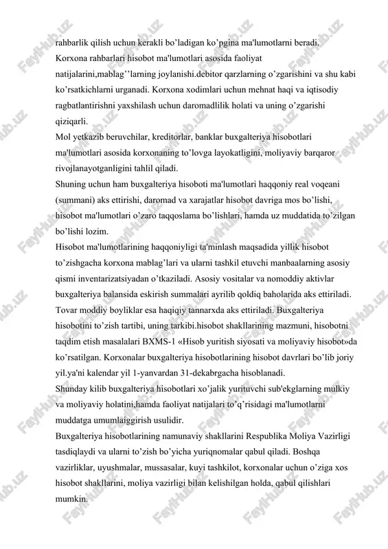 qiziqarli. mol yetkazib beruvchilar, kreditorlar, banklar buxgalteriya hisobotlari ma'lumotlari asosida korxonaning to’lovga layokatligini, moliyaviy barqaror rivojlanayotganligini tahlil qiladi. shuning uchun ham buxgalteriya hisoboti ma'lumotlari haqqoniy real voqeani (summani) aks ettirishi, daromad va xarajatlar hisobot davriga mos bo’lishi, hisobot ma'lumotlari o’zaro taqqoslama bo’lishlari, hamda uz muddatida to’zilgan bo’lishi lozim. hisobot ma'lumotlarining haqqoniyligi ta'minlash maqsadida yillik hisobot to’zishgacha korxona mablag’lari va ularni tashkil etuvchi manbaalarning asosiy qismi inventarizatsiyadan o’tkaziladi. asosiy vositalar va nomoddiy aktivlar buxgalteriya balansida eskirish summalari ayrilib qoldiq baholarida aks ettiriladi. tovar moddiy boyliklar esa haqiqiy tannarxda aks ettiriladi. buxgalteriya hisobotini to’zish tartibi, uning tarkibi.hisobot shakllarining mazmuni, hisobotni taqdim etish masalalari bxms-1 «hisob yuritish siyosati va moliyaviy hisobot»da ko’rsatilgan. korxonalar buxgalteriya hisobotlarining hisobot davrlari bo’lib joriy yil.ya'ni kalendar yil 1-yanvardan 31-dekabrgacha hisoblanadi. shunday kilib buxgalteriya hisobotlari xo’jalik yurituvchi sub'ekglarning mulkiy va moliyaviy holatini,hamda faoliyat natijalari to’q’risidagi ma'lumotlarni muddatga umumlaiggirish usulidir. buxgalteriya hisobotlarining namunaviy shakllarini respublika moliya vazirligi tasdiqlaydi va ularni …