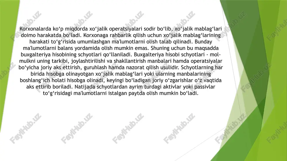 edit qismiga yozilgan summalarni kredit oborot deb ataladi. buxgalteriya hisobi schyotlarini turkumlashdan asosiy maqsad amalga oshirilgan xo‘jalik muomalalarini umumlashtirish, olinadigan ma'lumotlarni soddalashtirishdan iboratdir. shu bilan birga mablag‘lar harakati yuzasidan nazorat ishlarini to‘g‘ri tashkil qilishni ta'minlashdir. aktiv schyot (a) - bu aktivlarni aks ettirishga mo‘ljallangan schyot bo‘lib, unda iqtisodiy resurslarning qoldig‘i va ko‘payishi schyotning debetida, kamayish esa kredit bo‘yicha aks ettiriladi. passiv schyot (p) - bu majburiyat va sarmoyani aks ettirishga mo‘ljallangan schyot bo‘lib, unda majburiyat va sarmoyaning qoldig‘i va ko‘payish schyotining krediti bo‘yicha, kamayish esa debet bo‘yicha aks ettiriladi. kontr-aktiv schyot (ka) - bu u bilan bog‘lik bo‘lgan aktiv schyotning saldosidan chegiriladigan moliyaviy hisobotda aktivning sof qiymatini aks ettiruvchi schyotdir. kontr-passiv schyot (kp) - bu u bilan bog‘lik bo‘lgan passiv schyotning saldosidan chegiraladigan moliyaviy hisobotda majburiyat yoki sarmoyaning sof qiymatini aks ettiruvchi schyotdir. tranzit schyotlar (t) - bu hisobot davrida foydalaniladigan, lekin yopiladigan moliyaviy natijalar to‘g‘risidagi hisobotda aks ettiriladigan hisobot …