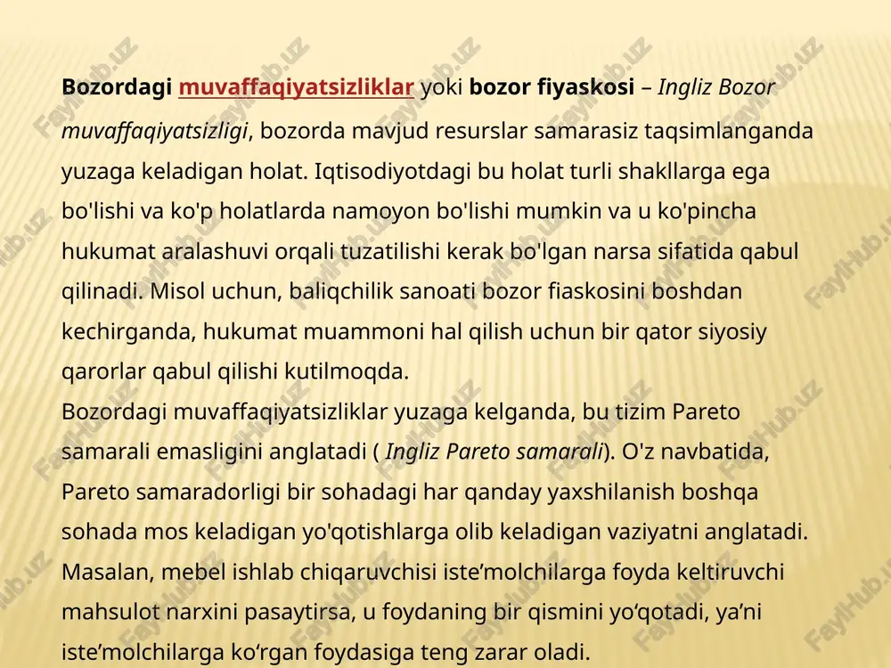 i ham bozor muvaffaqiyatsizligining bir shakli sifatida qaraladi. barcha holatlarda bozor muvaffaqiyatsizligi resurslarni taqsimlashning yaxshiroq va samaraliroq usuli mavjudligi bilan tavsiflanadi, lekin undan foydalanilmaydi. jamoat tovarlari ko'pincha bozor muvaffaqiyatsizligiga misol sifatida ishlatiladi. misol uchun, odamlar xususiy yong'inga qarshi firmalar shunga o'xshashlarga qaraganda samaraliroq bo'lishi mumkinligi haqida bahslashishlari mumkin davlat xizmatlari davlat byudjeti hisobidan moliyalashtiriladi. davlat bozordagi muvaffaqiyatsizlik muammosini hal qilish uchun turli aralashuvlarni taqdim etishi mumkin, masalan, qonunchilikni, pul-kredit siyosatini, eng kam ish haqi va soliqqa tortishni o'zgartirish. hukumat aralashuvi bilan bog'liq muammolardan biri shundaki, u resurslarni samarali taqsimlamaslik va taqsimlamaslik orqali bozor muvaffaqiyatsizliklarini kuchaytirishi mumkin. bozor – bu sotuvchilar va xaridorlarning tovarlarni pul vositasida ayirboshlash yuzasidan kelib chikkan iktsiodiy munosabatlaridir. erkin rakobatli bozor. bunday bozorda sotuvchilar va xaridorlar kupchilikni tashkil etadi, ular urtasida doimo rakobat buladi. ulardan xech biri bozorda xukmron mavkeda bulmaydi. monopollashgan, rakobat cheklangan bozor- bu ozchilik sotuvchilar va xaridorlar xukmron bulgan, rakobat cheklangan va umuman bulmagan …