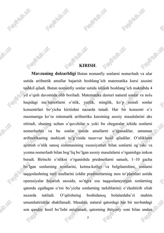 sonlarni nomerlash qaraladi. sonlarni nomerlashni o’rganishda ikkinchi o’nlikni ajratish sonlarning o’nli tarkibini varaqamlarning o’rin qiymati prinsipini yaxshi o’zlashtirish imkonini beradi. ikkinchi o’nlik sonlarini nomerlashni o’rganish tushunchasini shakllantirishdan boshlanadi. shundan keyin 11–20 ichida sonlarni og’zaki va yozma nomerlash hamda shu sonlarning o’nli tarkibi, 21–100 ichida sonlarni og’zaki va yozma nomerlash hamda shu sonlarning o’nli tarkibi o’rganiladi. sonlarni 1000 ichida nomerlash bilan o’quvchilarni tanishtirish yangi sanoq birligi yuzlik bilan tanishtirishdan boshlanadi. bunda bolalarga yangi sanoq birliklari o’nta birlik o’nlikni, o’nta o’nlik yuzlikni, o’nta yuzlik minglikni, yangi sinf tushunchasini kiritish o’rgatiladi. iii sinfda uch xonali sonlarni yozish va o’qishga doir bu sonlar sonlarning yuzliklardan, o’nliklardan va birlikdan hosil bo’lishiga doir uch xonali sonni o’nga qo’shiluvchilarning yig’indisi shaklida tasvirlashga doir mashqlar beriladi. iv sinfda sinf tushunchasini kiritilib, ikki va yuz sinflar sonlarini og’zaki va yozma nomerlash prinsiplarini o’zlashtirishga oid mashqlar beriladi. i bosqich: bir xonali songa ko’paytirish va bo’lish. bu bosqichga katta e’tibor beriladi, …