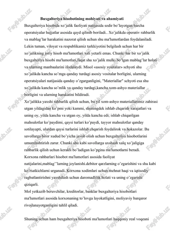l yetkazib beruvchilar, kreditorlar, banklar buxgalteriya hisobotlari ma'lumotlari asosida korxonaning to’lovga layokatligini, moliyaviy barqaror rivojlanayotganligini tahlil qiladi. shuning uchun ham buxgalteriya hisoboti ma'lumotlari haqqoniy real voqeani (summani) aks ettirishi, daromad va xarajatlar hisobot davriga mos bo’lishi, hisobot ma'lumotlari o’zaro taqqoslama bo’lishlari, hamda uz muddatida to’zilgan bo’lishi lozim. hisobot ma'lumotlarining haqqoniyligi ta'minlash maqsadida yillik hisobot to’zishgacha korxona mablag’lari va ularni tashkil etuvchi manbaalarning asosiy qismi inventarizatsiyadan o’tkaziladi. asosiy vositalar va nomoddiy aktivlar buxgalteriya balansida eskirish summalari ayrilib qoldiq baholarida aks ettiriladi. tovar moddiy boyliklar esa haqiqiy tannarxda aks ettiriladi. buxgalteriya hisobotini to’zish tartibi, uning tarkibi.hisobot shakllarining mazmuni, hisobotni taqdim etish masalalari bxms-1 «hisob yuritish siyosati va moliyaviy hisobot»da ko’rsatilgan. korxonalar buxgalteriya hisobotlarining hisobot davrlari bo’lib joriy yil.ya'ni kalendar yil 1-yanvardan 31-dekabrgacha hisoblanadi. shunday kilib buxgalteriya hisobotlari xo’jalik yurituvchi sub'ekglarning mulkiy va moliyaviy holatini,hamda faoliyat natijalari to’q’risidagi ma'lumotlarni muddatga umumlaiggirish usulidir. buxgalteriya hisobotlarining namunaviy shakllarini respublika moliya vazirligi tasdiqlaydi va ularni to’zish …