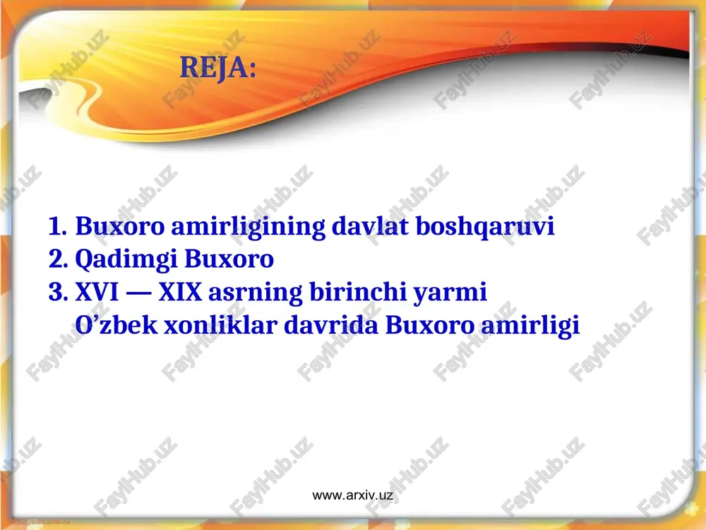 qo'ydi. u sud mahkamasiga ham shaxsan rahbarlik qildi. shohmurod buxoro amirligi tarkibiga amudaryoning chap sohilidagi hududlarni, jumladan, balx va marvni qaytardi. 1786 yil u karmanada xalq qo'zg'olonini bosdirdi, keyin shahrisabz va xo'jandga muvaffaqiyatli yurishlarni amalga oshirdi. shohmurod afg'on hukmdori temurshohdan ustun kelib, asosan o'zbeklar va tojiklar yashaydigan janubiy turkistonni o'z qaramog'ida saqlab qolishga erishdi. www.arxiv.uz www.arxiv.uz amir haydar (1800-1826yy.) otasidan so'ng taxtga o'tirgan vaqtda butun mavorounnahr uning hukmiga bo'ysinar edi. haydarning taxtga ko'tarilishi ommaviy qo'zg'olonlar va qatllar bilan to'g'ri keldi. 1800 yil marv turkmanlari bosh ko'tarishdi. ichki janjallarga ko'p o'tmasdan qo'qon bilan o'ratepa uchun urush qo'shildi. haydar ushbu shaharni tasarrufida saqlab qolishga muvaffaq bo'ldi. amir haydar davrida siyosiy tizim yakka hokimiyatchilik tomon intilayotgan markazlashgan monarxiyadan tashkil topgan edi. amirga 4 ming kishigacha yetadigan byurokratik mahkama xizmat qilardi. armiyaning miqdori oshdi. faqat buxoroning o'zida 12 ming harbiydan iborat qo'shin turardi. ahmad donishning yozib qoldirishicha, amir haydar boshqaruv vaqtiga "har 3-6 oyda …