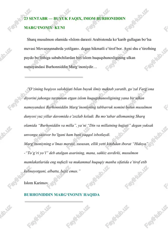 omiy ta’lim olib, hanafiya mazhabining buyuk faqihi sifatida nom qozondi. shayxulislom bo‘lib yetishdi. 1149 yili haj safariga bordi. burhoniddin marg‘inoniy samarqand shahridagi chokardiza qabristoniga dafn etilgan. allomaning tavallud sanalari xususida ixtiloflar bor. ko‘pgina manbalarda ul zotning tug‘ilgan kunlari umuman qayd etilmaydi. abu tohirxo‘ja samarqandiyning «samariya» nomli kitobida mavlono burhoniddin marg‘inoniy hijriy 515 yilning 12-rajab oyida shanba kuni (milodiy 1123 yil 23 sentabrda) tavallud topgan deb ma’lumot beriladi. vaholanki, «hidoya»ning qadimiy qo‘lyozma nusxalaridan birida allomaning tug‘ilgan kunlari 511 hijriy deb ko‘rsatilgan. shunga asosan 2000 yili tavalludlarining hijriy 910 yilligi nishonlandi. bu hisobga ko‘ra, burhoniddin marginoniy tavalludlari 511 hijriy yilga to‘g‘ri keladi. burhoniddin marg‘inoniy fiqh bo‘yicha asosiy asari «bidoyat ul-mubtadi’» («boshlovchilar uchun qo‘llanma»)ni hanafiya nazariyotchisi, shariat asoschilaridan abul hasan al-quduriy va muhammad ash-shayboniy asarlariga tayanib yozgan. burhoniddin marg‘inoniyning ushbu kitobi nazariy asar edi, undan amaliy jihatdan foydalanish qiyin bo‘lgan. shu sababli burhoniddin marg‘inoniy ning o‘zi 8 jildli sharh — «kifoyat ul-muntahiy» («yakunlovchilar …