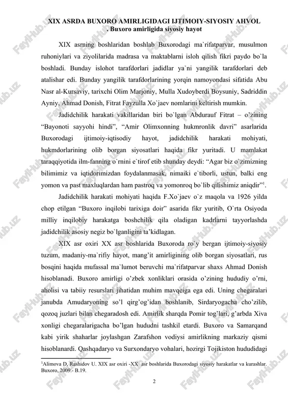 nliklari orasida o’zining hududiy o’rni, aholisi va tabiiy resurslari jihatidan muhim mavqeiga ega edi. uning chegaralari janubda amudaryoning so’l qirg’og’idan boshlanib, sirdaryogacha cho’zilib, qozoq juzlari bilan chegaradosh edi. amirlik sharqda pomir tog’lari, g’arbda xiva xonligi chegaralarigacha bo’lgan hududni tashkil etardi. buxoro va samarqand kabi yirik shaharlar joylashgan zarafshon vodiysi amirlikning markaziy qismi hisoblanardi. qashqadaryo va surxondaryo vohalari, hozirgi tojikiston hududidagi vaxsh, kafirnihon, panj daryolari vodiysida joylashgan shahar va qishloqlar, hozirgi turkmaniston hududidagi murg’ob daryosi vohalaridagi yerlar buxoro amirligiga qarar edi. buxoro amirligining poytaxti sharqda eng nufuzli shahar sifatida e’tirof etilgan buxoroi sharif edi. yirik shaharlardan samarqand, qarshi, shahrisabz, kitob, termiz, sherobod, hisor, dushanbe, ko’lob va boshqalar amirlik tasarrufida edi. marv va chorjo’y shaharlari uchun buxoro amirligi bilan xiva xonligi o’rtasida, jizzax, o’ratepa va xo’jand shaharlari uchun buxoro amirligi bilan qo’qon xonligi o’rtasida tez-tez urushlar bo’lib, bu shaharlar qo’ldan-qo’lga o’tib turardi. amirlik iqtisodiy hayotida qoloqlik, turg’unlik hollari mavjud bo’lib, aholining turmushi …