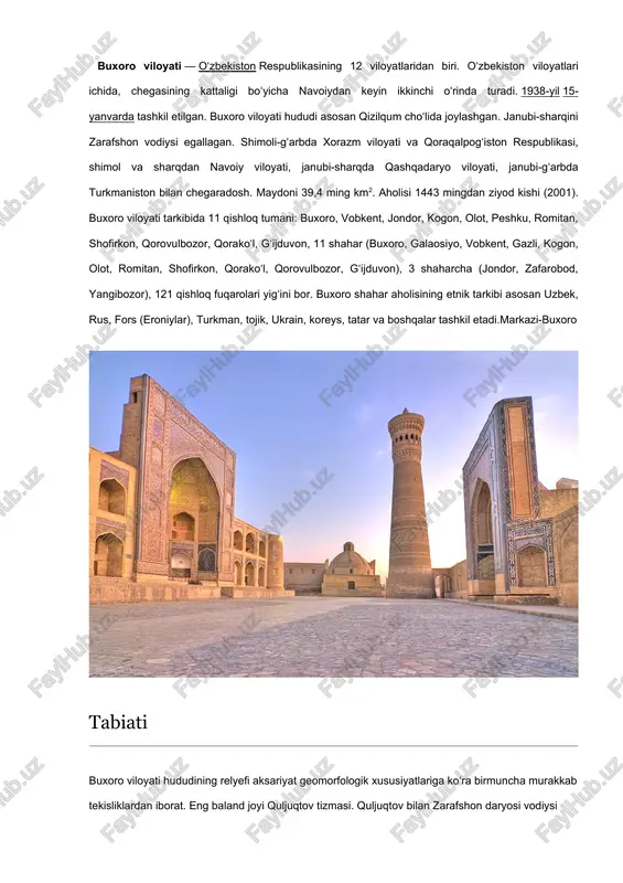 an tuzilgan. tekislik va qumliklar to‘rtlamchi geologik davr tabiiy omillari taʼsirida o‘zgargan. foydali qazilmalardan setalantepa, jarqoq, gazli, uchqirda gaz, kemachi, zikri, o‘rtabuloqda neftgaz hamda grafit konlari, ohaktosh, bentonit (gilmoya), granit konlari topilgan. buxoro viloyatida juda ko‘p mineral suv zaxiralari aniqlangan. quljuqtov, qoraxotin, jing‘ildi,oyoqog‘itma botig‘i atroflaridan topilgan suvlardan xo‘jalikda qisman foydalaniladi. viloyat seysmik jihatdan 7 balli, faqat gazli shahri atrofi 9 balli zilzila zonasiga kiradi. iqlimi keskin kontinental: yozi issiq, uzoq, quruq, iyulning o‘rtacha harorati 28-32°, qumliklarda 60-70° gacha ko‘tariladi. yanvarning o‘rtacha harorati 0° dan −2° gacha yiliga 90–150 mm yog‘in tushadi. asosan bahor va qishda yog‘adi. vegetatsiya davri 220 kun. buxoro viloyatining asosiy suv manbai — amubuxoro mashina kanali. quyimozor, to‘dakul, sho‘rkul suv omborlarining ahamiyati katta. bundan tashqari vohalar atrofida zovur va oqova suvlar tashlanadigan dengizko‘l, qoraqir, katta tuzkon va devxona kabi ko‘llar mavjud. buxoro viloyati bo‘yicha obikor yerlarning 94,4 % turli darajada sho‘rlangan. cho‘l zonasida kam chirindili qo‘ng‘ir tusli …