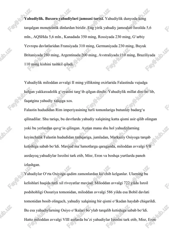 paydo bo‘ldilar. ular eron orqali marvga kelib, so‘ng u yerdan buxoro, samarqand, shahrisabz va boshqa shaharlarga tarqaldilar. yahudiylarning o‘rta osiyoda paydo bo‘lishi tarixi juda murakkabdir. ko‘pchilik tadqiqotchilar ularning bu yerda paydo bo‘lishlarini milodning birinchi asrida vujudga kelgan «buyuk ipak yo‘li» faoliyati bilan bog‘laydilar. buyuk ipak yo‘li, darhaqiqat, bo‘yoqchilik bo‘yicha mutaxassis bo‘lgan yahudiylarning xom ashyo manbalariga yaqinroq mintaqalarga tarqalishiga sabab bo‘lgan. yahudiylarning balx shahrida paydo bo‘lishlari esa faqatgina milodning iv asriga to‘g‘ri keladi. milodiy ix-x asrlarda yahudiy jamoalari ancha ko‘psonli va erkin bo‘lganlar. ulardan faqat urushga yaroqli bo‘lgan erkaklargina soliq (jizya) to‘laganlar. yig‘ilgan soliqlarning faqatgina yarmi davlat xazinasiga topshirilgan. qolgan qismi esa jamoa boshlig‘i ixtiyorida qolgan. yahudiylarning o‘rta osiyoda yashaganliklariga guvohlik beruvchi arxeologik topilmalar ilk bor 1954 yili olimlar tomonidan turkmanistonning marv va bayramali shaharlarida aniqlangan. bular qadimgi sinagoga qoldiklari, yahudiy yozuvlari va nomalari bitilgan sopol buyumlardir. topilmalar yunon-baqtriya va parfiya davlatlari hukmronlik qilgan miloddan avvalgi ii - milodiy i asrlarga …
