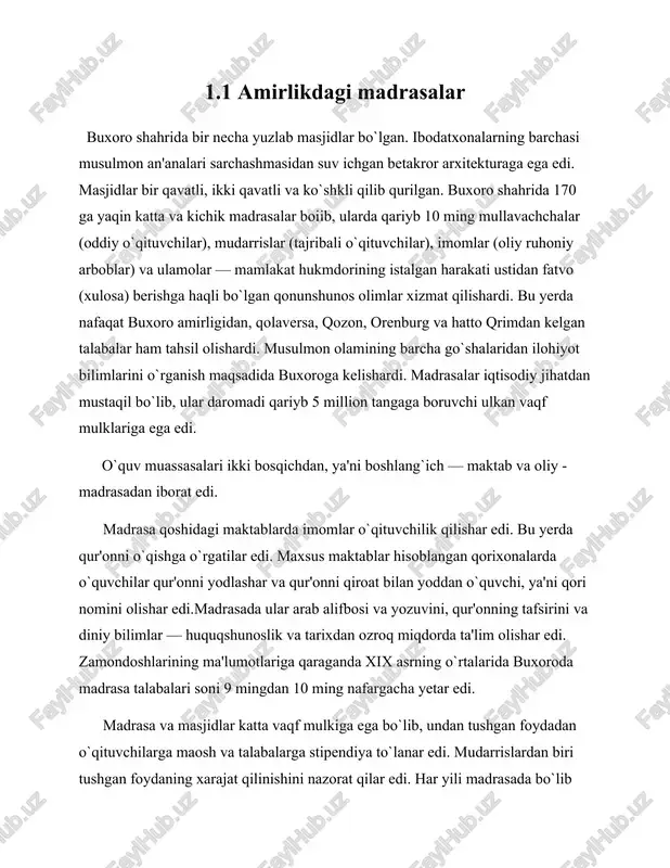 n xizmatchisi umrbo`yi beriladigan stipendiya — dahyak olar edi. buxoro o`rta osiyoning ma'rifat markazi hisoblanar edi. bu yerga xiva, qo`qon, hisor, samarqand va boshqa ko`plab viloyatlardan talabalar kelib o`qishar edi. samarqand o`zining o`tmishdagi fan vamadaniyat markazi maqomini yo`qotdi, masjid va madrasalar qarovsiz qoldi, o`qishni istaganlar buxoroga ketishga majbur bo`ldilar. og`ir iqtisodiy ahvolga qaramasdan, buxoro ilm-fan va san'at, she'riyat va rnusiqa markazi bo`lib qolaverdi. o`sha davr taraqqiyparvar doiralari g`oyalarini yorqin ifodalagan ajoyib o`zbek shoiri vamutafakkiri ahmad donish (ahmad maxdum) buxoroda yashagan va ijod qilgan edi. uning "navodir ul-vaqoe" (nodir voqealar) va "buxoroyi sharif mang`it amirlari muxtasar tarixi" asarlari uzoq asrlardan beri qaror topgan tartibotga qarshi yo`naltirilgan edi. ahmad donish o`sha davrda o`rta osiyo xalqlari ilg`or ijtimoiy fikrining e'tiborli vakillaridan biri bo`lib, u tabib, shoir, musiqachi, rassom, munajjim, olim va xattot bo`lgan. ahmad donish ma'rifatparvarlik harakati asoschisi deb hisoblanadi. ahmad donish o`z mamlakatidagi siyosiy ishlarga faol aralashuvchi tarixchi sifatida o`z asarida buxoroning …