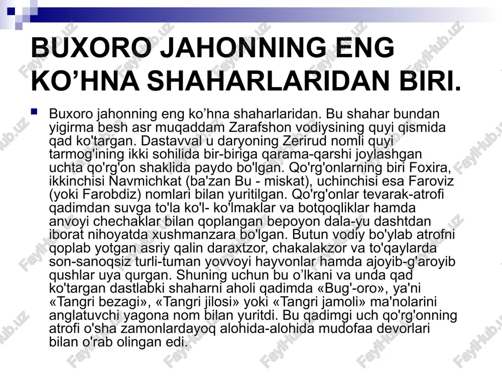 ar. shuning uchun ham bu obidalar hozirgi kunda minglab sayyohlarning diqqat- e’tiborini o'ziga jalb etmoqda. 1997-yilda uneskoning qaroriga asosan dunyoning eng ko’hna shaharlaridan biri bo'lgan buxoroning 2500 yillik yubileyi jahon jamoatchiligi vakillari ishtirokida keng nishonlandi. buxoro tarixiy obidalarga juda boy. mustaqillik yillarida qadimgi me'moriy yodgorliklarning barchasi ta'mirlanib, o'zining asliy qiyofasiga ega bo'idi. hozirgi davrda buxoro mamlakatimizda tobora kengayib borayotgan turizmning jozibador maskanlaridan biriga ay!andi. buxoroga uo'l olgan sayohatchilar shaharning dovrug'ini jahonga taratgan noyob me'moriy obidalardan ismoil somoniy maqbarasi (9 — 1o-asrlar), minorai kalon (12- asr), masjidi mag'oki attori (12-asr) (chashmai ayub (12 — 14-asr), toqi zargaron, toqi telpakfurushon, toqi sarrofon ansambllari (16- asr), ark (mil. av. 4 — 3-asrlar — 20-asr boshi) ulug'bek madrasasi (1417), kalon jome masjidi (16-asr), ayniqsa labi hovuz maydonidagi me'moriy obidalar majmui (16 — 17- asrlar) kabilarni zavq-shavq bilan tomosha qiladilar. shuning uchun ham bu obidalar hozirgi kunda minglab sayyohlarning diqqat- e’tiborini o'ziga jalb etmoqda. 1997-yilda …