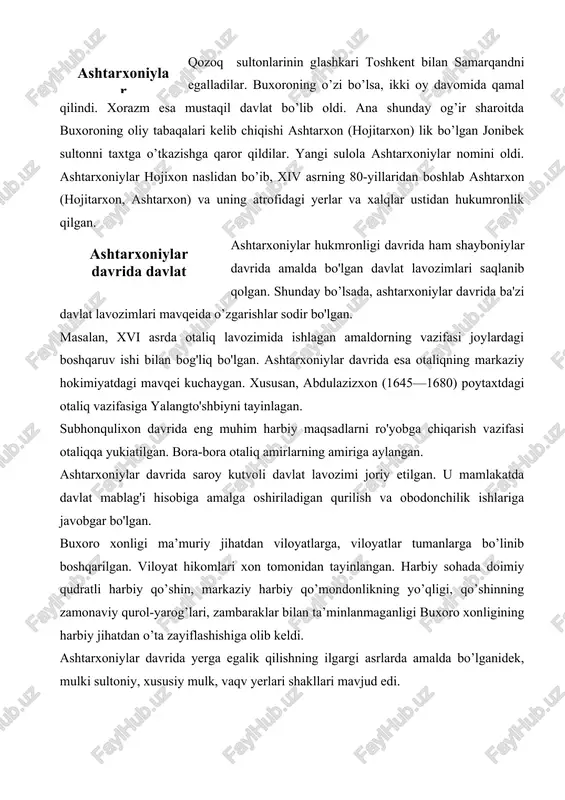egalik qilishning ilgargi asrlarda amalda bo’lganidek, mulki sultoniy, xususiy mulk, vaqv yerlari shakllari mavjud edi. mulki sultoniy davlat yerlari hisoblanib, undan keladigan daromad xon hazinasiga kelib tushardi. davlat yerlaridan o’sha joylarda yashagan dehqonlar foydalangan, ular yerni ishlarib, olingan hosildan xiroj solig’i to’laganlar. xon davlat tanazzulidagi yerlarni, aholi yashaydigan qishloqlarni shahzodalarga, yirik din ulamolari va sayyidlarga suyurg’ol shaklida, harbiy qisim boshliqlari, saroy amaldorlariga tanho shaklida in’om qilardi. suyurg’ol qilingan katta yer egalari xon xazinasiga soliq to’lamas edi. tanho shaklida in’om qilingan yerlar tanhodorning xususiy mulki bo’lmay, o’sh yerlarda ishlayotgan dehqonlardan soliq olish huquqi berilar edi. xon ayrim shalarga hukumdorga ko’rsatgan alohida xizmatlari uchun ham yer – mulklar soliqlardan ozod qilinardi va shu boisdan ular “mulki xurri xolis” deb atalardi. xususiy mulkchilik tobora kuchayib bordi. xon tomonidan davlat yerlarini soliqqa tortmaslik sharti bilan yirik boylar va saroy amaldorlariga sotish hollari ham yuz berdi. xususiy mulk egalri u yerlarda o’zlari ishlamas edi, yersiz …