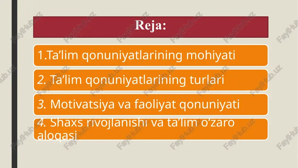 iga asoslanadi. bilish faoliyati – bu insonning atrof-muhitni idrok etish, tushunish va o‘zlashtirish jarayonidir. ta’lim jarayonida o‘qituvchi yangi ma’lumotlarni beradi, o‘quvchi esa ularni faol qabul qilib, tahlil qiladi. ushbu o‘zaro bog‘liqlik ta’limning bilish qonuniyatini ifodalaydi. bilish faoliyati bosqichma-bosqich: idrok, tushunish, mustahkamlash va qo‘llash jarayonlari orqali amalga oshadi. motivatsiya qonuniyati motivatsiya qonuniyati ta’lim jarayonining ichki harakatlantiruvchi kuchidir. o‘quvchi faqatgina qiziqish, ehtiyoj va rag‘bat mavjud bo‘lsa, samarali o‘qiy oladi. shuning uchun o‘qituvchi darsda motivatsion usullardan foydalanishi zarur. bu usullar ichiga o‘yin texnologiyalari, savol-javob, baholash tizimi, rag‘batlantirish va hayotiy misollar kiradi. agar motivatsiya yo‘qolsa, ta’lim jarayonining tabiiy qonuniyati buziladi va natijadorlik pasayadi. o‘qituvchi va o‘quvchi o‘zaro ta’siri qonuniyati ta’lim jarayoni ikki tomonlama xarakterga ega: o‘qituvchi o‘rgatadi, o‘quvchi esa o‘rganadi. bu o‘zaro ta’sirning barqarorligi va samaradorligi ta’lim natijasini belgilaydi. o‘qituvchi bilimni yetkazuvchi, yo‘naltiruvchi va tahlilchi bo‘lsa, o‘quvchi uni faol ishtirokchi sifatida qabul qiladi. agar bu muvozanat buzilsa, o‘quv jarayonining tabiiy qonuniyati izdan chiqadi. ta’lim …