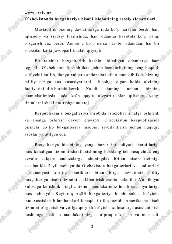 ing asosida o`zbekiston respublikasi milliy buxgalteriya hisobi andozalarini ishlab chiqishga kirishildi. dunyo amaliyotida 34 ta buxgalteriya hisobi andozalari bor, bizning mamlakatimizda 21 ta andozalar ishlab chiqilgan, ulardan 17 tasi o`zbekiston respublikasi adliya vazirligi tomonidan tasdiqlangan. bu o`z navbatida mamlakatimizning buxgalteriya hisobi rivojlanishida muhim tarixiy qadamdir. eng avvalo moliyaviy hisobot topshirishga tayyorgarlik ko`rish va taqdim etish uchun konceptual asos ishlab chiqildi. (1994 yil 14 avgustda qayd etilgan) u "buxgalteriya hisobi haqiqa" gi o`zbekiston respublikasi qonuni (1996 yil 30 avgust) asosida ishlab chiqilgan va asosiy tushunchalarni ta`riflab beradi. ular foydalanuvchilar (ichki va tashqi) uchun moliyaviy hisobot berishga tayyorgarlik ko`rish va taqdim etish asoslarini tashkil etadi. moliyaviy hisobot berish quyidagi tamoyillar bilan mos ravishda tuzilishi kerak: 1. izohlar, hisob-kitoblar va tushuntirishlar (ularda qo`shimcha ma`lumotlar, tushuntirish yozuvlari ko`rinishida). 2. hisoblash tamoyili (daromadlar va xarajatlar, ularning kelib tushishi yoki paydo bo`lishi miqdori bo`yicha e`tirof etiladi). bu tamoyilda "oltin qoida" dan foydalanish kerak: -agar kirimni tan …