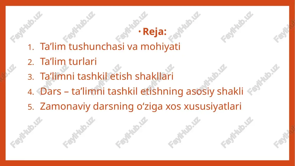 araladi. ushbu jarayon bilimlarni o‘zlashtirish, ko‘nikmalarni shakllantirish va malakalarni mustahkamlashni o‘z ichiga oladi. ta’limning mohiyati insonni hayotiy faoliyatga tayyorlashda namoyon bo‘ladi. u faqat bilim berish emas, balki shaxsni tarbiyalash, unga qadriyatlarni singdirish vazifasini ham bajaradi. ta’lim jarayonida o‘qituvchi boshqaruvchi, o‘quvchi esa faol ishtirokchi sifatida qatnashadi. ta’lim jamiyat madaniyatining muhim qismi sifatida insoniyat taraqqiyotini ta’minlaydi. har bir davlat ta’limni o‘zining milliy qadriyatlariga asoslab rivojlantiradi. o‘zbekiston ta’lim tizimi ham xalq an’analari bilan zamonaviy innovatsiyalarni uyg‘unlashtirgan. ta’lim jarayonining muvaffaqiyati o‘qituvchi malakasi va metodikasiga bog‘liq. shu bois ta’lim – uzluksiz o‘rganish jarayoni sifatida qaraladi. ta’lim turlari inson hayotining turli bosqichlarida amalga oshiriladigan o‘quv jarayonlarini ifodalaydi. o‘zbekiston respublikasida ta’lim tizimi uzluksiz shaklda tashkil etilgan bo‘lib, u boshlang‘ich, umumiy o‘rta, o‘rta maxsus va oliy ta’lim bosqichlarini o‘z ichiga oladi. har bir bosqich shaxsning yosh va rivojlanish darajasiga moslashtirilgan. boshlang‘ich ta’lim o‘quvchiga eng zarur savodxonlik va mantiqiy fikrlash ko‘nikmalarini beradi. umumiy o‘rta ta’lim esa insonning dunyoqarashini kengaytiradi …