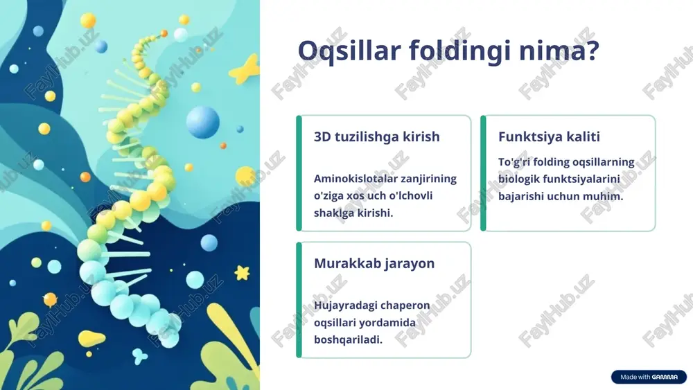 ekulali dorilar oqsillar foldingiga ta'sir qiluvchi birikmalarni aniqlash. 8 kelajakdagi tadqiqotlar yo'nalishlari molekulyar mexanizmlar folding va misfoldingning chuqur tushunish. dori vositalarini ishlab chiqish yanada samarali va maqsadli terapiyalarni yaratish. shaxsiylashtirilgan tibbiyot har bir bemor uchun individual davolash usullari. 9 xulosa va asosiy xulosalar asosiy jarayon to'g'ri oqsillar foldingi hayot uchun muhim. kasallik aloqasi notog'ri folding ko'plab kasalliklarga sabab bo'ladi. davolash imkoniyatlari yangi terapiyalar umid baxsh etadi. oqsillar foldingi biologiyaning markaziy muammosi bo'lib, uning buzilishini tushunish va davolash inson salomatligi uchun katta ahamiyatga ega. 10 image-1002-1.png image-1-1.png image-1003-1.png image-2-1.png image-1004-1.png image-3-1.png image-3-2.png image-3-3.png image-3-4.png image-3-5.png image-1005-1.png image-4-1.png image-4-2.png image-1006-1.png image-5-1.png image-1007-1.png image-6-1.png image-6-2.png image-6-3.png image-6-4.png image-1008-1.png image-7-1.png image-1009-1.png image-8-1.png image-8-2.png image-8-3.png image-8-4.png image-1010-1.png image-9-1.png image-9-2.png image-9-3.png image-1011-1.png image-10-1.png image-10-2.png image-10-3.png image-10-4.png image-10-5.png image-10-6.png