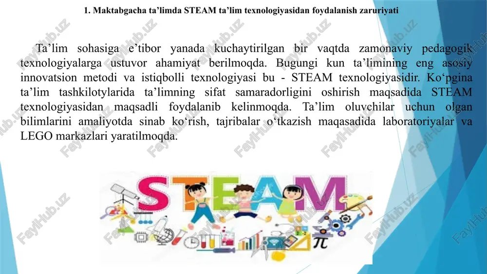 metodistlari (master trainers) o'qitildi, va ular orqali 100 000 dan ortiq maktabgacha ta’lim o‘qituvchilari yangi o‘quv paketini — samarali o‘yin asosidagi (play-based) kurikulumni qo‘llash bo’yicha xabardor qilinmoqda. (icdi) quyidagi ma’lumotlar so‘nggi yillarda ommaviy axborot vositalari, ilmiy maqolalar va hukumat qarorlarida qayd etilgan: prezident qarorlari asosida ta’lim tizimiga ilg‘or xorijiy tajribalar kiritilmoqda. jumladan, 2019-yilda “steam ta’limini rivojlantirish to‘g‘risida”gi qaror qabul qilinib, ushbu yo‘nalishda maxsus steam laboratoriyalari, texnoparklar va innovatsion markazlar tashkil etildi. shu asosda o‘qituvchilar uchun maxsus malaka oshirish kurslari yo‘lga qo‘yildi va o‘quv dasturlariga amaliy loyihalarga asoslangan darslar kiritildi. bugungi kunda o‘zbekistonning ko‘plab umumta’lim maktablari, akademik litseylar va hatto maktabgacha ta’lim muassasalarida ham steam yondashuvi asosida mashg‘ulotlar olib borilmoqda. bolalar fan, texnologiya va san’atni uyg‘unlashtirgan holda turli loyihalar yaratadi, tajribalar o‘tkazadi va ixtirolar ustida ishlaydi. steam fest birinchi xalqaro festivali bo‘lib o‘tdi birinchi xalqaro zamonaviy ta’lim usullari festivali o‘zbekiston respublikasi xalq ta’limi vazirligi ko‘magida nodavlat ta’lim muassasalari assotsiatsiyasi tomonidan o‘tkazildi. …