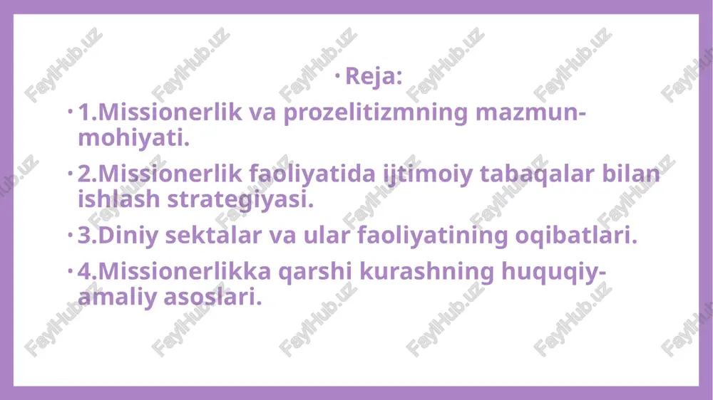 bot-tashviqot ishlarini samarali tashkil etishiga shubha qilmasa ham bo‘ladi. ayni damda, missionerlik faoliyati bilan faol shug‘ullanishga harakat qilayotganlar orasida bahoiylar, krishnachilar bilan bir qatorda yangi paydo bo‘lgan sektalar borligini ham ta’kidlash zarur. sekta bu – faqat o‘zini haq din, insonlarni najotga etkazuvchi deb da’vo qiladigan, aslida esa muayyan siyosiy va iqtisodiy maqsadlarni ko‘zlaydigan guruh hisoblanadi. psixologlar mazkur sektalarni «ommaviy ijtimoiy-psixologik qirg‘in quroli» deb ta’riflaydilar. diniy sekta deganda ma’lum bir dindagi rasmiy aqidalarga zid ravishda ajralib chiqqan yoki mavjud dinlar va konfessiyalarga umuman aloqasi bo‘lmagan holda din bayrog‘i ostida faoliyat ko‘rsatadigan guruhlar tushuniladi. bugungi kunda missionerlik faoliyati bilan asosan turli sektalar shug‘ullanadi. hozirgi kunda taxminan 5000 ta sektaning faoliyati aniqlangan. ma’lumotlarga ko‘ra, mamlakatimiz bilan chegaradosh bo‘lgan davlatlarda «bogorodichiy sentr», «serkov ob’edineniya», «serkov iisusa», «serkov novogo zaveta», «beloe bratstvo», «bojestvenniy orden pervogo angela», «farxat ata», «dianetika» kabi yuzlab diniy sektalar faoliyat olib bormoqda. iblisga ibodat qilishga asoslangan «satanizm» sektasi ham ayrim qo‘shni …