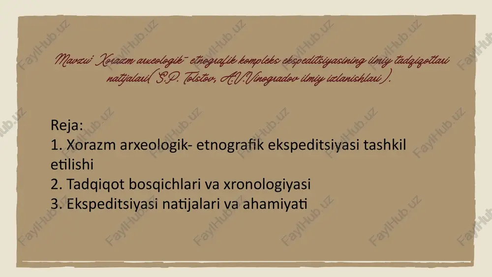 i) kabi yodgorliklar kiradi; qoʻyqirilgan qalʼa (aylana shaklidagi qal’a, miloddan avvalgi iv asr – milodiy iv asrga oid); quyisoy madaniyatining bir necha qismlari (koʻzaliqir va boshqalar) va jetiosor madaniyati (milodiy 1-ming yillik) va oʻrta asrlar koʻhna urganch shahri (eramizning x – xiv asrlari). har tomonlama oʻrganilgan manzilgohlarning aksariyat qismini turar-joylar tashkil etgan boʻlsa-da, ekspeditsiya koʻplab qabr va maqbaralarni, jumladan, sak-skiflar davriga oid tagisken va uygʻarak kabi boy va muhim qabrlarni ham qazib olgan. keyinchalik bu ish koʻlami ortib va yangi uslubiy asosda rivojlana boshlagan. xorazm ekspeditsiyasi sssrdagi eng koʻzga koʻringan va eng yaxshi jihozlangan arxeologik ekspeditsiyalardan biriga aylangan, bu yerda birinchi marta tor doiradagi ishlar turli darajalarda, keng koʻlamli texnika va usullardan foydalangan holda amalga oshirilgan. amudaryo va sirdaryoning quyi oqimida, qoraqum va qizilqum choʻllarida hozirgi oʻzbekiston, turkmaniston va qozogʻistonga tegishli boʻlgan hududlarda qazish ishlari olib borilgan. ekspeditsiya baʼzan sakkiztagacha ortib, artefaktlar ulkan hududda qidirilgan. tadqiqotda arxeolog va etnograflardan tashqari, …