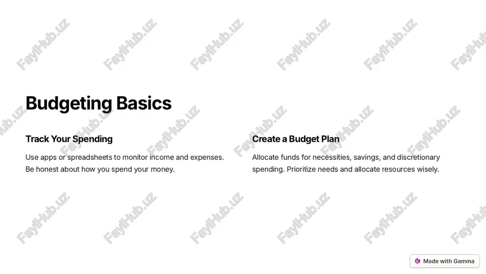 nancial advisor who can tailor a strategy to your specific needs and goals. this can provide expert guidance. https://gamma.app/?utm_source=made-with-gamma taxes and deductions 1 tax planning strategically plan to minimize your tax burden. utilize legal deductions and credits. 2 tax filing file your taxes accurately and on time. avoid penalties and ensure you receive all deductions. https://gamma.app/?utm_source=made-with-gamma conclusion and q&a we've explored key aspects of personal finance. remember, managing your money requires discipline and planning. now, let's open the floor for any questions you might have. https://gamma.app/?utm_source=made-with-gamma is money important? 1 yes money enables us to meet basic needs, pursue opportunities, and achieve our goals. it's an essential part of modern life. https://gamma.app/?utm_source=made-with-gamma conclusion we've journeyed through the world of money management. remember, financial wellness is a lifelong journey. keep learning, adapting, and investing in your future. https://gamma.app/?utm_source=made-with-gamma