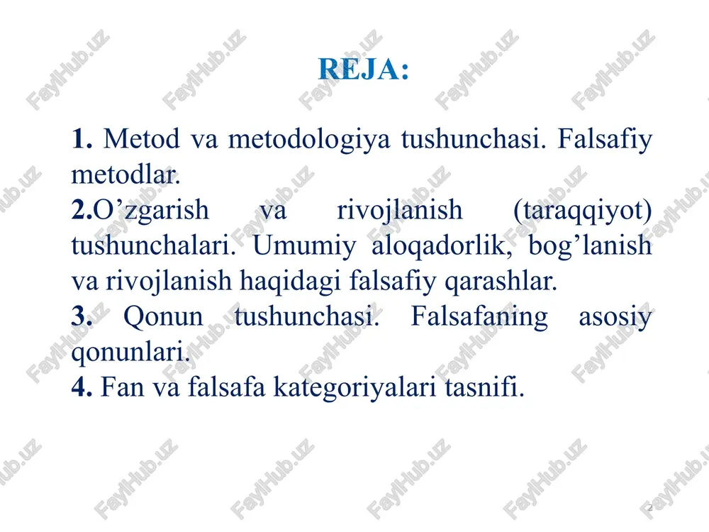 fa tarixida rivojlanish haqidagi tasavvurlar geraklit rivojlanish miqdor jihatidan oddiy joydan-joyga ko'chish uzlukli va uzluksiz narsa va jarayonlarning o'zaro nisbati barqaror va o'zgaruvchan narsa va jarayonlarning o'zaro nisbati 7 harakat shakllari harakat shakllari mexanik fizik kimyoviy biologik ijtimoiy 8 metodning asosiy vazifasi har qanday metod ma`lum nazariya asosida yaratiladi va tadqiqotning zaruriy sharti sifatida namoyon bo`ladi. har bir metodning samaradorligi uning chuqur mazmun va mohiyatga egaligi, nazariyaning fundamentalligi bilan asoslanadi. o`z navbatida metod mazmuni kengayib boradi, ya`ni bilimning chuqurlashishi va kengayishi, tajribaga tatbiq etilishi bilan metodning ko`lami ham o`zgaradi birinchidan, metod va metodologik muammolarning rolini inkor qilish yoki to`g`ri baholamaslik ikkinchidan, metodning ahamiyatini bo`rttirish, muqloqlashtirish, uni barcha masalalarning kaliti, ilmiy yangiliklarni yaratishning eng qulay vositasi deb tushunish noto`g`ridir. metod (yunon. metods — usul) keng ma’noda yo’l, ijodiy faoliyatning har qanday shakli kabi ma’nolarni anglatadi. metodologiya tushunchasi ikki asosiy mazmunga ega — faoliyatda qo’llaniladigan ma’lum usullar tizimi (fanda, siyosatda, san’atda va …