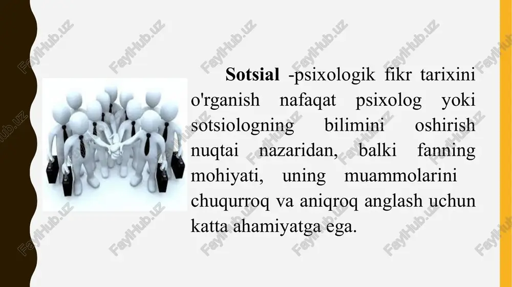 a marosimlari bilan aloqasini va boshqalarni hisobga olish talab qilingan. sotsiologiyaning o'zi mustaqil fan sifatida faqat xix asr o'rtalarida paydo bo'ldi. (uning asoschisi frantsuz pozitivist faylasufi ogyust kont hisoblanadi). sotsial psixologiya o'z hayotining deyarli boshidanoq boshqa bilim sohalaridan olingan qonunlar yordamida bir qator ijtimoiy faktlarni tushuntirishga urinishlarni qurishni boshladi. sotsiologik bilimlar tizimida nihoyatda maxsus yo'nalish - sotsiologiyada psixologik yo'nalish shakllanadi. aqshda uning asoschisi l. varddir, lekin, ehtimol, ushbu yo'nalish g'oyalari f.giddingsning asarlarida ayniqsa aniq shakllangan. uning nuqtai nazariga ko'ra, birlamchi ijtimoiy fakt shaxsning ongi emas, "xalq ruhi" emas, balki "irqning ongi" deb nomlanadi. ijtimoiy fakt ijtimoiy aqldan boshqa narsa emas. uning tadqiqotlari "jamiyat psixologiyasi" yoki bir xil bo'lgan sotsiologiya bilan shug'ullanishi kerak. bu erda "aralashtirish" g'oyasi mantiqiy oxiriga yetkaziladi. sotsial psixologiyaning uch nazariy manbai: xix asrning oxiri xx asr boshlarida fanda uch nazariya paydo bo‘ldiki, ular xaqli ravishda sotsial psixologiyani mustaqil ilmiy yo‘nalish sifatida shakllanishiga o‘zlarining munosib hissalarini qo‘shdilar: xalqlar …