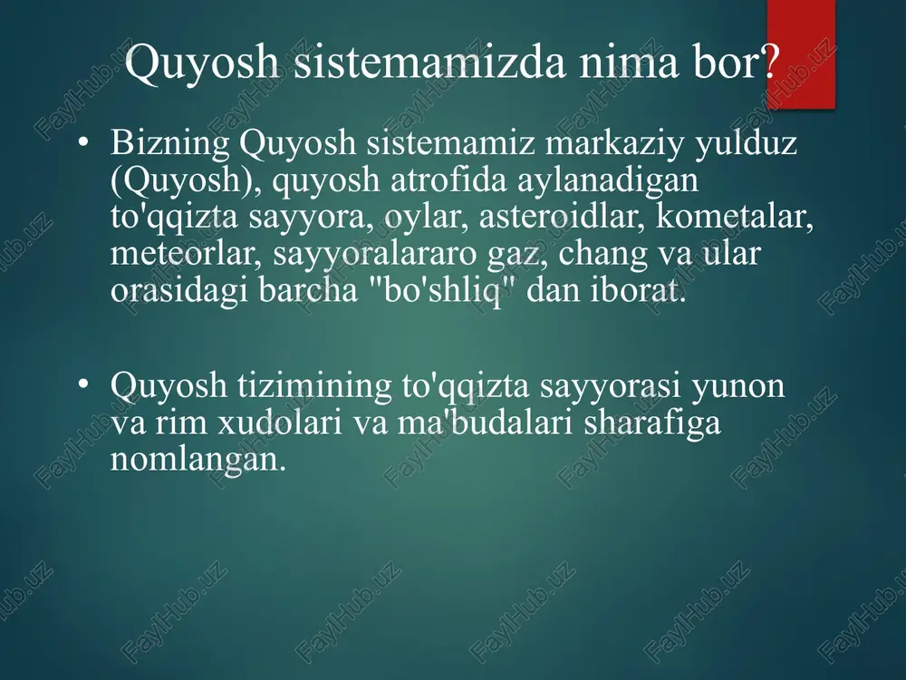 rik organizmlarni qo'llab-quvvatlashi ma'lum bo'lgan yagona sayyora. yer yuzasi 71% suvdan iborat. suv yerdagi hayot uchun zarurdir. okeanlar yerdagi barqaror haroratni saqlashga yordam beradi. yerda bitta oy(yo'ldoshi) va kislorodga boy atmosfera mavjud. yerning oyi oyning bir marta aylanishi uchun taxminan 29 kun kerak bo'ladi. oyning bir tomoni har doim bizga qaraydi. oy yuzasi chang va meteorlarning zarbalari natijasida toshloq qoldiqlar bilan qoplangan. unda suv yoki atmosfera yo'q. oy quyosh nurini yer yuzasiga aks ettiradi. yer singari, mars ham qutblarida muzliklarga ega. marsda quyosh sistemamizdagi eng katta vulqon bor: olympus mons. olympus mons taxminan 15 milya(24.1 km) balandlikda. mars tuprog'idagi temir oksidi yoki zang tufayli qizil ko'rinadi. marsning ikkita yo'ldoshi bor va orbitani aylanishi uchun taxmnan ikki yil kerak bo'ladi. mars pluton plutonning faqat bitta yo'ldoshi bor va quyosh atrofida aylanish uchun taxminan 249 yil kerak bo'ladi. pluton orbitaning bir qismi neptun orbitasi ichidan o'tadi, shuning uchun ba'zida neptun quyoshdan eng …