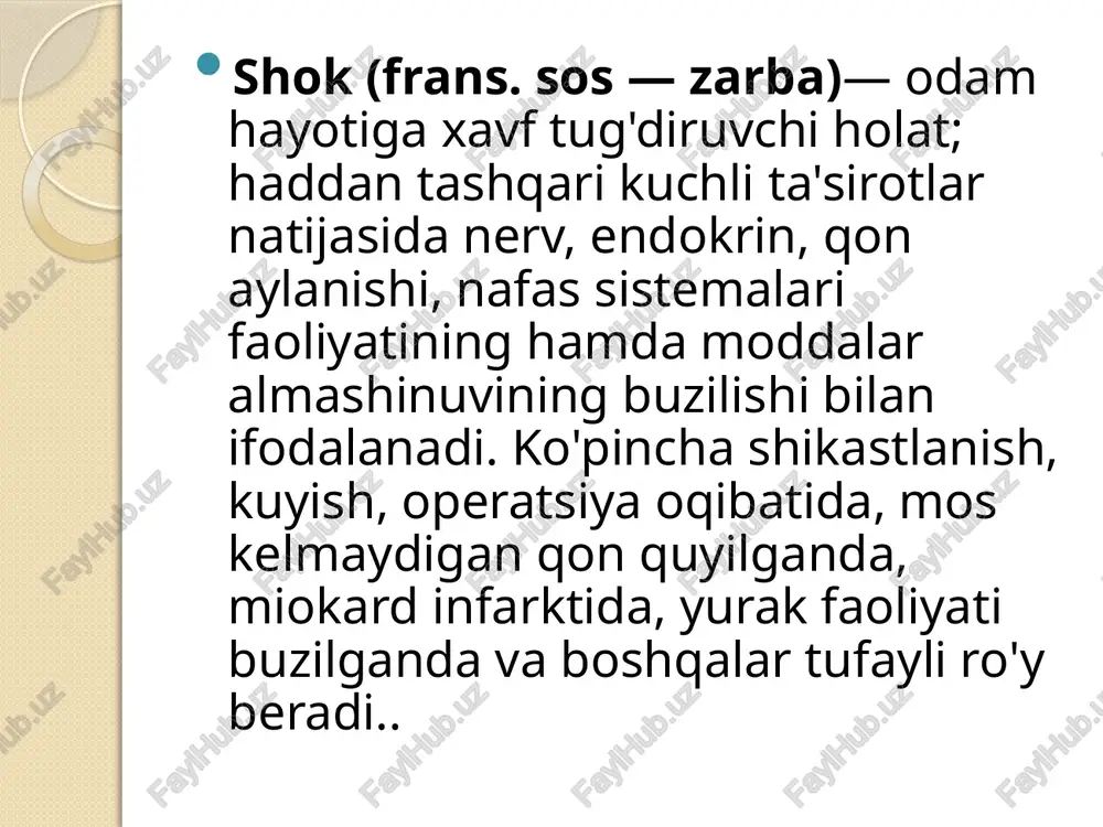 b yuboriladi. qon bosimi 95-100ga yetsa to'xtatiladi 4. aritmiya bo'lsa lidokain 2% 10ml + natriy xlorid 0.9% 100ml v/i/t 5. polyarizatsiyalovchi aralashma glyukoza 5% 500ml + insulin 10tb + kaliy xlorid 1g v/i/t 6. agar qon tomirlar kengaysa, noradrenalin 0.2% 1-2ml + natriy xlorid 0.9% - 200ml v/i/t miokard infarkti deb, yurakdagi toj arteriyalardan birining birdan tiqilib qolishi natijasida ro‘y beradigan holatiga aytiladi. bunda yurak muskuli nekrozga uchraydi. miokard infarkti aksariyat ateroskleroz, gipertoniya kasalligi bilan kasallangan shaxslarda sodir bo‘ladi. stenokardiyani bu kasallikning darakchisi deb hisoblaydilar, biroq ba’zan miokard infarkti to‘satdan yuz beradi. klinikasi. yurak sohasida yoki to‘sh orqasida og‘riq to‘satdan paydo bo‘lib, chap yelkaga, chap kurakka, pastki jag‘ga va tananing boshqa qismlariga o‘tadigan og‘riq miokard infarkti-ning asosiy simptomi hisoblanadi. stenokardiyadagi og‘riqdan farqli ravishda miokard infarktida og‘riq uzoqroq (bir necha soatgacha) bo‘ladi, toj arteriyalarni kengaytiradigan vositalar (validol, nitroglitserin) qabul qilingandan keyin bosilmaydi davolash. miokard infarktining davosi maxsus tez yordam mashinalar brigadasida, …