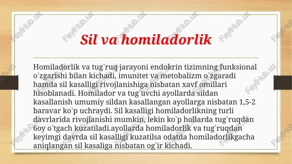 ik homiladorlikda holsizlik , ko`p charchash, ko`p terlash ishtaha yo`qolishi, ozish, subfebril tana harorati shunngdek quruq yoki balg`amli yo`tal, hansirash, ko`krak qafasidagi og`riq kabi shikoyatlari bo`lsa sil aniqlanish xafi yuqorilashadi. yuqoridagi shikoyatlar bo`lsa ayollar maslahatxonasidagi homilador ayolni kuzatayotgan akusher-genekolog uni silga qarshi dispanserga yuborrishi kerak bo`ladi. dispanserda 2 tb ppd_l bilan mantu sinamasi, qon va siydikdan klinik tahlil o`tkaziladi. agar ayol balg`am tashlasa bakterioskopik va kultural usullar yordamida smb ga tekshiriladi. sil va homiladorlik . sil bilan kasallangan homilador ayollarda o`pka silining turli shakllari aniqlanishi mumkin. ilgari sil tayoqchalari bilan zararlanmagan yosh ayollar smb bilan birlamchi zararlanganda ko`pincha birlamchi sil aniqlanadi. lekin homilador ayollarda o`pka sil endogen infeksiyasi reaktivatsiyasi natijasida hosil bo`ladi. sil va homiladorlik homiladorlik davrida rentgenologik tekshirish faqat qiyin diagnosyik hollarda homila qo`rg`oshinli qalqon yoki fartuk bilan himoya qilgan holda qo`llaniladi. silga gumon qilinganda yoki diagnoz aniqlanganda homilador ayolning oila azolari ham tekshiriladi. ftiziatr va akusher-genekolog ko`rsatmalari sil …