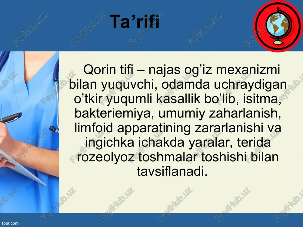 og’ir tipik shakli: klinik shakllari ko’z ilg’amas belgili shakli, niqoblangan abortiv shakli. atipik shakli: qorin tifida turg’unlik davri 14-21 kun davom etadi. lekin u 5-3 kungacha, hatto ikki kungacha qisqarishi va 23 kungacha uzayishi mumkin. prodromal davrida sababsiz zaiflik, holsizlanish, apatiya, ishtaxaning yo’qolishi, bosh og’rig’i, serzarda bo’lib qolishlarda ifodalanadi va 1-3 kun davom etadi, ich terlama kechishining tipik holatlarida, jarayon quyidagicha rivojlanadi: kasallik ko’pincha asta-sekin boshlanadi va bemorlar ko’p hollarda kasallik boshlangan kunni ko’rsatib bera olmaydilar. birinchi kunlarini ular oyoqda turib o’tkazadilar, lekin ahvol kundan-kunga yomonlashadi: holsizlik ortadi, charchash kuchayadi, bosh og’riydi, ishtaxa yo’qoladi. ko’p to’lqinli, botkin chizig’i, ya'ni yuqori temperatura bilan nisbatan past temperaturaning galma-gal kelishi kildyushevskiy bo’yicha, bunda harorat tezroq ko’tariladi, 3 kun ichida, keyin litik tushadi. mana shu 3 ta harorat chizig’ining varianti qorin tifi uchun xos hisoblanadi. vunderlix nusxasi, bir to’lqinli bunda haroratning asta - sekin ko’tarilishi va tushishi kuvunderlix nusxasi, bir to’lqinli bunda haroratning asta …