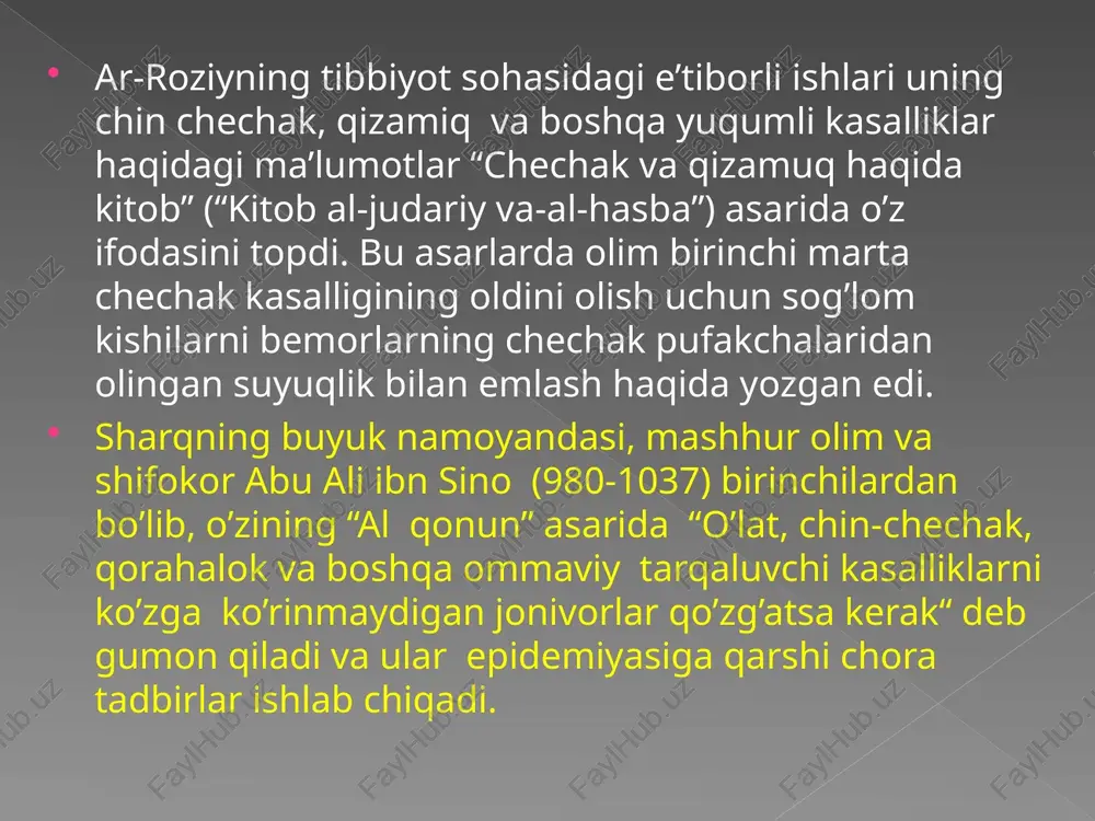 ralari, ilmiy tadqiqot institutlari katta rol o’ynaydilar. akademik musabayev i.k., professorlar yunusova x.a., majidov v.m., jalilov k., xujayev sh.x., nazarov sh.n., rashidova r.a., xamidov g.k. , daminov t.o. va ularning o’quvchilari va izquvarlari yuqumli kasalliklarni o’rganishga katta yutuqlarga erishiyaptilar. infeksiya -so’zi lotincha so’z bo’lib “ifloslanish” ma’nosini bildiradi. yuqumli kasalliklar - bakteriyalar, viruslar va sodda jonivorlar chaqiruvchi katta guruh kasalliklaridir. infeksion jarayon- mikroorganizm bilan makroorganizmni aniq sharoitlarda bir - biriga ta’sir qilib, kasallikning u yoki bu shaklini organizm darajasida namoyon qilishidir. demak, yuqumli kasalikning rivojlanishi uchun avvalo organizmga patogen mikrob kirishi kerak. mikroorganizmlar kasallik chaqirishi bo’yicha asosan 3 guruhga bo’linadilar: a) saprofitlar b) shartli patogen mikroblari v) patogen. patogen mikrob organizmga teri, shilliq qavatlari, og’iz yuqori nafas yo’llari orqali kiradi. yuqumli kasallik odamlarning ko’p yoki ozligiga qarab epidemiologik jarayoning turli xillari ajratiladi: sporadik kasalliklar. kasallikka yo’liqqan kishilar soni ko’p bo’lmaydi va bemorlar onda-sonda uchraydi. epidemiya yuqumli kasallikning bironta o’lka yoki mamlakatda …