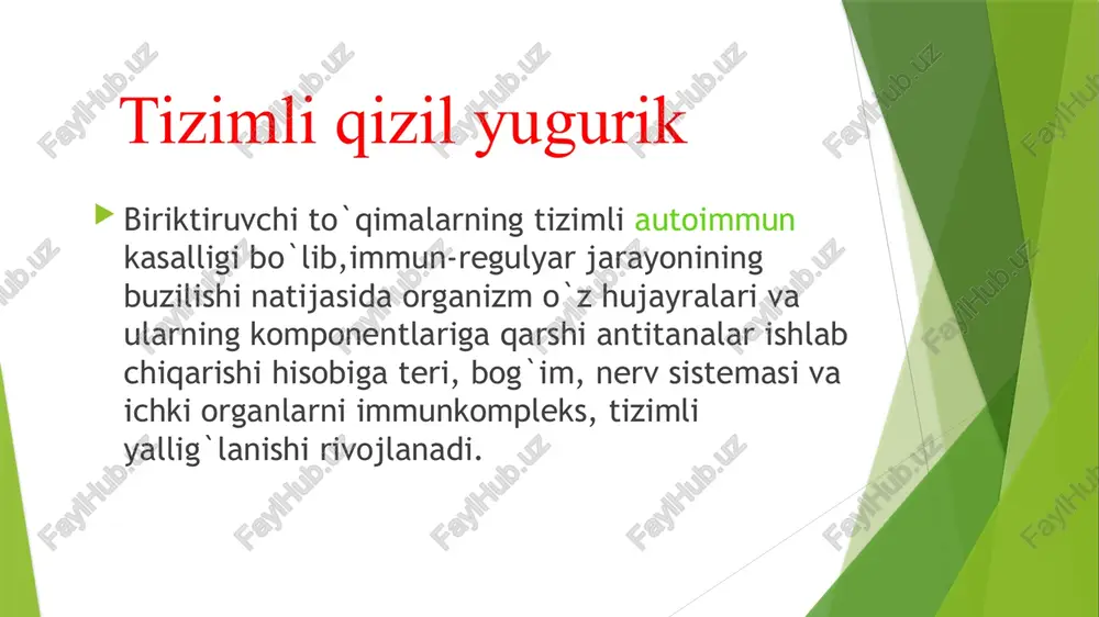 asallik belgisi dumaloq oval shaklda, aniq chegarali, shishgan eritematoz dog'lar ko'rishida namoyon bo'ladi, ular markazdan atrofga giperkeratoz va atrofiya ko'rinishlarisiz tarqaladigan chegaralangan o'choqlar sifatida namoyon bo'ladi. bunday o'choqlar yuz sohasida, peshonada, yonoqlarda assimitrik holda joylashadi, bemorlar tarafidan salbiy shikoyatlar bo'lmaydi. dissiminallangan klinik shakli ko'p miqdorda eritemato- skvamoz o'choqlar ko'rinishida namoyon bo'lib, ularda ayrim vaqtlarda follikulyar giperkeratoz va atrofiyali chandiqlar kuzatiladi, ayrim holatlarda esa kuzatilmaydi kasallikni diskoid va markazdan qochuvchi eritema kabi klinik shakllaridan farqli o'laroq dissiminallangan klinik shaklida umumiy salbiy belgilar (bo'g'inlarda og'riqlar, subfebril haroratning ko'tarili- shi, anemiya, leykopeniya) kuzatiladi . kasallikning chuqur klinik shaklida teri osti sohalarida chuqur, to'q qizil rangli, qattiq konsistentsiyali, teri osti to'qima sohasi bilan birikkan tugun paydo bo'lishi bilan ta'riflanadi. kasallik ayrim xollarda og'ir kechadi. kasallikning ushbu klinik shakli har xil uf nurlari, radiatsion nurlar, infektsiyalar ta'sirida va lat eyishlar natijasida qizil yugurikning og'ir shakllaridan biri bo'lgan sistemali shakliga o'tib ketishi mumkin o'tkir qizil yugurik …
