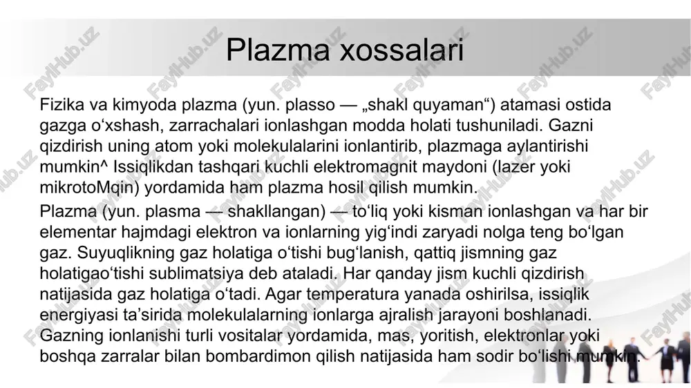 oni deyiladi. debay soni katta bo‘lgandagina plazmani gaz deb hisoblash mumkin. plazmaning asosiy xususiyati shundan iboratki, undagi musbat va manfiy zaryadlar zichliklari deyarli bir-biriga tengdir. bu xususiyat plazmaning kvazineytralligi deyiladi. plazma egallagan joyning chizig‘iy o‘lchami debay radiusidan ancha katta holatdagina kvazineytrallik ro‘y beradi. image1.jpeg /docprops/thumbnail.jpeg
