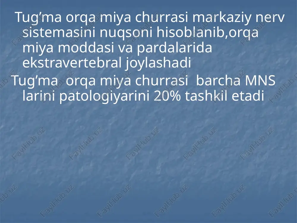 ylashganligi sababli bunda pastgi paraplegiya, para anesteziya, chanoq a’zolari ish faoliyatining buzilishi kuzatiladi. umurtqa defekti ko’pincha 3-5 umurtqa soxasida kuzatiladi. tug’ma orqa miya churralarida diagnostika klinik usullar: kliniko- nevrologik oftalmologik otonevrologik neyropsixologik laboratoriya patomorfologik (gistologik, immunogistokimyoviy) paraklinik usullar: spindilografiya kt mrt neyrosonografiya elektroensefalografiya kt-mielografiya omnipak bilan kt-gerniografiya orqa miya churralarida spondilogrammada qator suyak simptomlari kuzatiladi: umurtqa o’siqlarini 1-2 dan 6-7 gacha zararlanmasligi umurtqa deformatsiyasi kapalaksimon yarim umurtqa kesishma va dumg’za ageneziyasi; orqa miya churrasining mavjudligi rejali hamda shoshilinch operatsiya o’tqazish uchun ko’rsatma hisoblanadi. shoshilich operatsiya uchun ko’rsatma: churra yuzasining keskin yupqalashishi churra yorilishi xavfi bilan churra qopi likvoreyasi chunki likvoreyaning mavjudligi miya ichi asoratlari(bakterial meningit, meningoensefalit) bilan xavfli pardali orqa miya churrasi - meninogradikuloselle lipomieloselle spina bifida complicate orqa miya churrasini orqa bosh miya churrasi bilan va gidrosefaliya bilan birga kelishi 1oyli bolada mrt– mielomeningosele bo’yin umurtqasi sohasida kt- 3 oyli chaqaloqda orqa bosh miyani churrasini bo’yin umurtqasida joylashgan orqa …