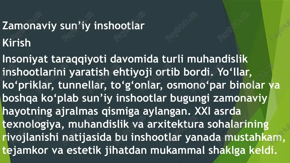 inson aql-zakovati va texnologiyaning yuksak yutug‘idir. ular nafaqat hayotni qulayroq qiladi, balki mamlakatlarning iqtisodiy va madaniy salohiyatini ham oshiradi. kelajakda esa ekologik, energiya tejamkor va intellektual inshootlar qurilishi yanada kengayib boradi. image1.jpeg image2.jpeg image3.jpeg /docprops/thumbnail.jpeg