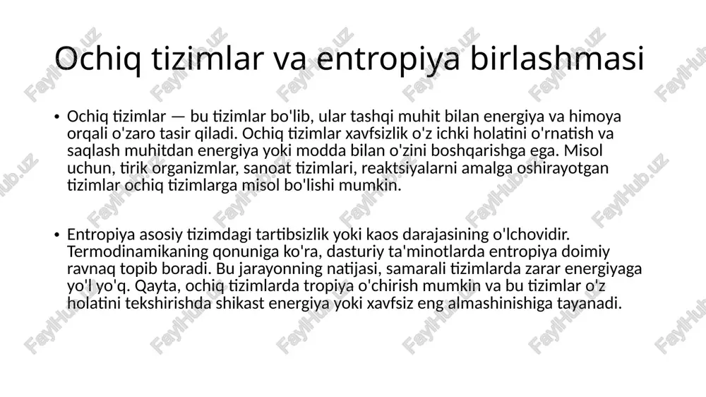 ng amaliy ahamiyati energiya va quvvat olishi: entropiyaning energiya va yordami qanday muhim rol o'ynaydi. amaliy misollar: ochiq tizimlarda energiya va moddadan foydalanish orqali tizimning ichki tartibni tuzatish va atrof-muhitga nisbatan entropiya o'sishi. ekologik va sanoat korxonalari: ochiq tizimlarning entropiya kamayishiga ekologik va sanoat jarayonlari. image1.jpeg /docprops/thumbnail.jpeg