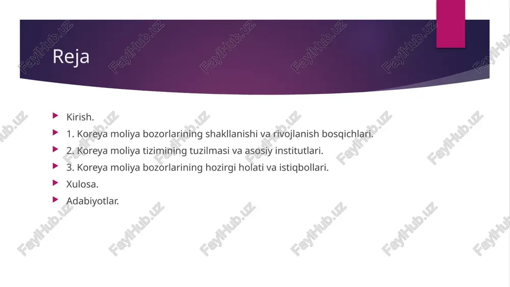 arda bank sektorida davlat nazorati kuchli bo‘lib, kapital bozorlar hali rivojlanmagan edi. asosiy moliyalashtirish manbai — tijorat banklari va davlat fondlari hisoblangan. bozor iqtisodiyotiga o‘tish va islohotlar davri (1980–1990-yillar). 1980-yillar boshida koreya hukumati bosqichma-bosqich moliya tizimini erkinlashtirish siyosatini boshladi. banklar faoliyatida raqobat kuchaydi, foiz stavkalari davlat tomonidan belgilanmaydigan bo‘ldi. 1988-yilda korea stock exchange (seul fond birjasi) faoliyatini kengaytirib, aksiyalar va obligatsiyalar bozorini rivojlantirdi. bundan tashqari, xorijiy investorlar uchun bozor qisman ochildi, bu esa kapital oqimlarini jalb qilish imkonini berdi. shu davrda koreya moliya tizimi ichki resurslarga tayanishdan tashqi investitsiyalarni jalb qilish bosqichiga o‘tdi. zamonaviy bosqich (2000-yildan hozirgacha). bugungi kunda koreya moliya bozorlari osiyodagi eng rivojlangan tizimlardan biridir. kospi (korea composite stock price index) va kosdaq birjalari koreya fond bozorining asosiy tarkibiy qismlaridir. fintex (moliyaviy texnologiyalar), mobil bank xizmatlari va raqamli to‘lov tizimlari jadal rivojlanmoqda. koreya banklari xalqaro reytinglarda barqarorligi bilan ajralib turadi. davlat “yashil moliya” va “raqamli valyuta” sohalarini rivojlantirish …