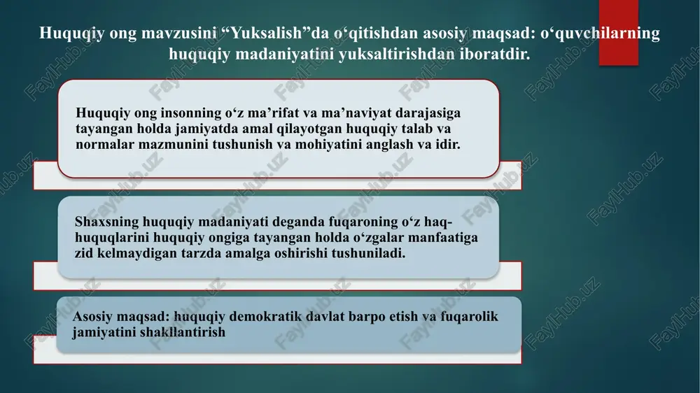akliflar berish. so‘z erkinligi huquqlarimiz iqtisodiy va ijtimoiy huquqlar: mulkdor bo‘lish, ijtimoiy ta’minot olish, tadbirkorlik qilish, dam olish, tibbiy xizmatdan foydalanish madaniy huquqlar: ta’lim olish, ilmiy va texnikaviy ijod erkinligi, madaniyat yutuqlaridan foydalanish qonunlarga amal qilish majburiyatlarimiz: boshqa insonlarning, jamiyat va davlat huquqlarini buzmasligimiz qonunlarda ta’qiqlangan ishlarni qilmaslik hokimiyat kimni qo‘lida? prezident / davlat rahbari qonun chiqaruvchi hokimiyat parlament oliy majlis ijro etuvchi hokimiyat hukumat vazirlar mahkamasi sud hokimiyati jazo tayinlovchi parlament parlament parlament oliy majlis 250 ta qonun senat oliy hokimiyat organi deputat fransuzcha ijro etuvchi hokimiyat ijro etuvchi hokimiyat hukumat bosh vazir qonun bajarilishi vazirliklar oliy hokimiyat organi vazirlar mahkamasi viloyat tuman shahar huquqlarimiz buzilsa ularni himoya qilyapmizmi? huquqni muhofaza qiluvchi organlar qaysilar? huquqni muhofaza qiluvchi organ sud hokimiyati sud oliy sud tumanlararo, tuman, shahar iqtisodiy sudlari harbiy sud konstitutsiyaviy sud oliy hokimiyat organi qoraqalpog‘iston respublikasining, viloyatlar va toshkent shahar iqtisodiy va ma’muriy sudlari. tumanlararo tuman shahar iqtisodiy …