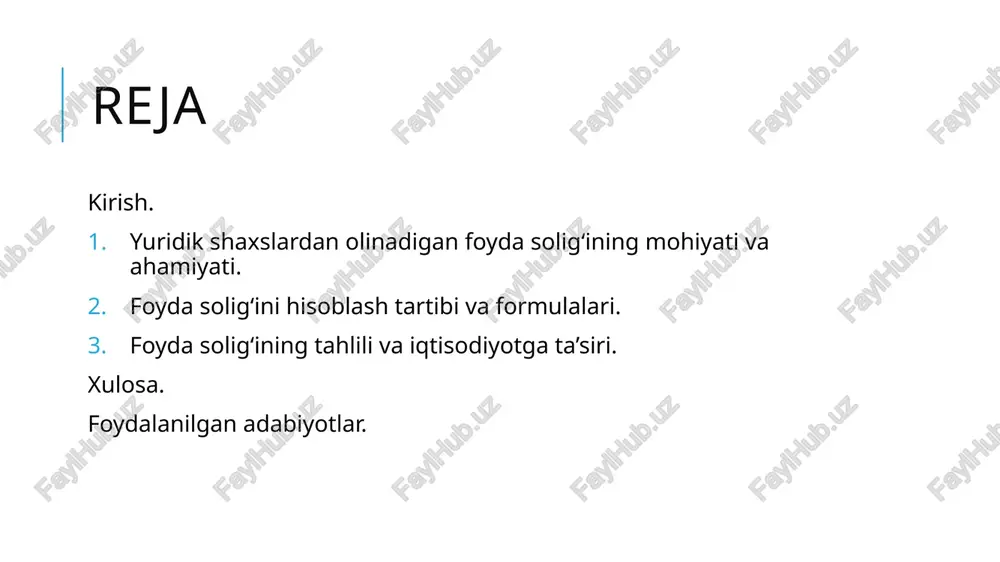 ining daromad bazasini shakllantirish; iqtisodiy faoliyatni fiskal yo‘l bilan tartibga solish; korxonalarning daromadlarini adolatli taqsimlashni ta’minlash; iqtisodiy resurslarni samarali taqsimlash va investitsiyalar oqimini boshqarish. vazifalari: korxonalarning moliyaviy natijalarini soliq hisobotlari orqali aniqlash va soliq undirish; ijtimoiy sohalarni moliyalashtirish uchun mablag‘lar yaratish; raqobat muhitini shakllantirish va soliq imtiyozlari orqali maqsadli sohalarni rivojlantirish. iqtisodiy ahamiyati va siyosiy muammolar. iqtisodiy o‘sishga taʼsir: past yoki barqaror soliq stavkalari investitsiyalarni rag‘batlantirishi mumkin; yuqori stavkalar esa iqtisodiy faollikni susaytiradi. soliq yukining taqsimlanishi: foyda solig‘i asosan yirik kompaniyalar uchun katta ahamiyatga ega — bu daromad tengsizligini kamaytirishda rol o‘ynashi mumkin. soliq evaziga imtiyozlar: hukumatlar maqsadli tarmoqlarni rivojlantirish uchun ma’lum imtiyozlar va preferensiyalar beradi, bu esa davlat siyosatining muhim vositasidir. illegallik va soliqdan qochish: noto‘g‘ri hisoblash, daromadlarni yashirish va transchegaraviy soliq optimizatsiyasi davlat uchun muammo bo‘lib qoladi; buning oldini olish uchun soliq nazorati, xalqaro hamkorlik va shaffoflik zarur. 2. foyda solig‘ini hisoblash tartibi va formulalari. foyda solig‘ini hisoblashning …