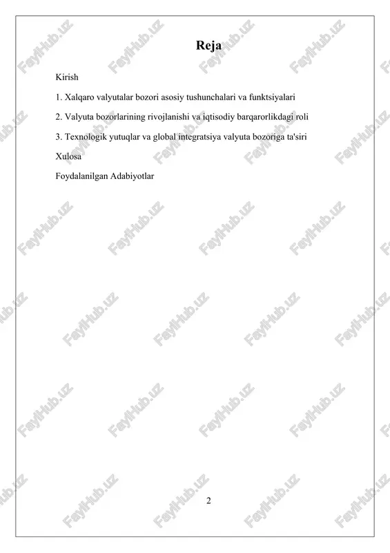 ik rivojlanish va global integratsiya jarayonlari, ayniqsa, raqamli valyutalar va algoritmik savdo kabi yangi tendensiyalar, bozor faoliyatini yanada murakkab va dinamik qilishga olib kelmoqda. xalqaro valyutalar bozorining rivojlanishi nafaqat iqtisodiy aloqalarni kengaytirish, balki moliyaviy xavflarni boshqarish, valyuta kursi manipulyatsiyalari va spekulyatsiya muammolarini hal qilish uchun muhim ahamiyat kasb etadi. bu jarayonlar, ayniqsa, global iqtisodiy muhitdagi o‘zgarishlar va siyosiy muhitdagi noaniqliklar bilan bog‘liq muammolarni hal qilishda, zamonaviy tartibga solish mexanizmlarini ishlab chiqishni taqozo etadi. shuning uchun, xalqaro valyutalar bozorining vujudga kelishi, uning rivojlanishi va faoliyatining samaradorligi, dunyo iqtisodiyoti barqarorligini ta’minlash uchun ob’ektiv ehtiyojga aylangan. mazkur ilmiy tadqiqotning asosiy maqsadi – xalqaro valyutalar bozorining vujudga kelishiga bo‘lgan ob’ektiv ehtiyojlarni, uning tarixiy rivojlanishini, asosiy funktsiyalarini va zamonaviy tendensiyalarni o‘rganishdir. tadqiqotda, ayniqsa, valyuta bozorlari asosiy tushunchalari, rivojlanish bosqichlari, texnologik yutuqlar va global integratsiyaning bozorga ta’siri keng yoritiladi. bu esa, nafaqat, iqtisodiy nazariyalar va amaliyotlar o‘rtasidagi bog‘liqlikni yaxshiroq tushunishga yordam beradi, balki, mamlakatlar va xalqaro …
