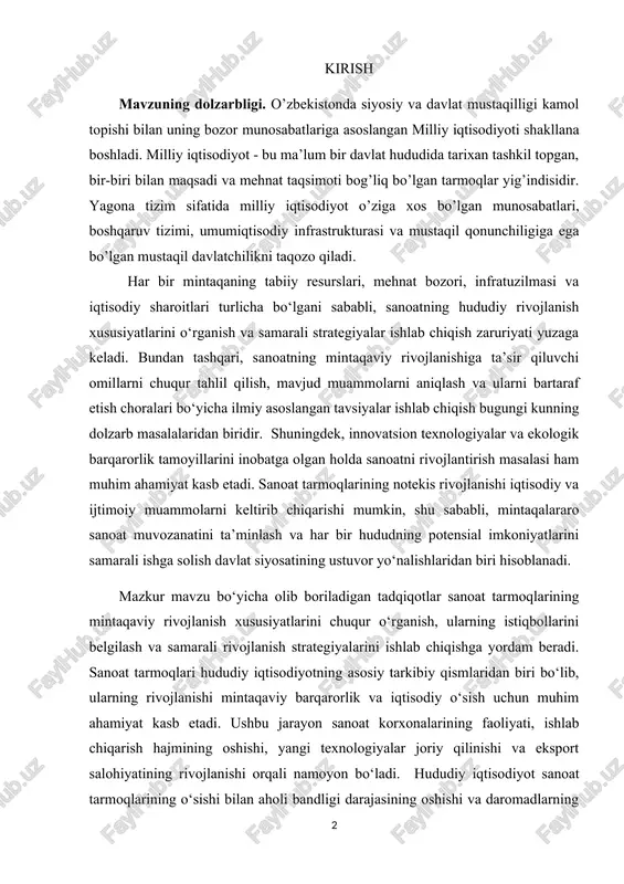 sir qiluvchi omillarni chuqur tahlil qilish, mavjud muammolarni aniqlash va ularni bartaraf etish choralari bo‘yicha ilmiy asoslangan tavsiyalar ishlab chiqish bugungi kunning dolzarb masalalaridan biridir. shuningdek, innovatsion texnologiyalar va ekologik barqarorlik tamoyillarini inobatga olgan holda sanoatni rivojlantirish masalasi ham muhim ahamiyat kasb etadi. sanoat tarmoqlarining notekis rivojlanishi iqtisodiy va ijtimoiy muammolarni keltirib chiqarishi mumkin, shu sababli, mintaqalararo sanoat muvozanatini ta’minlash va har bir hududning potensial imkoniyatlarini samarali ishga solish davlat siyosatining ustuvor yo‘nalishlaridan biri hisoblanadi. mazkur mavzu bo‘yicha olib boriladigan tadqiqotlar sanoat tarmoqlarining mintaqaviy rivojlanish xususiyatlarini chuqur o‘rganish, ularning istiqbollarini belgilash va samarali rivojlanish strategiyalarini ishlab chiqishga yordam beradi. sanoat tarmoqlari hududiy iqtisodiyotning asosiy tarkibiy qismlaridan biri bo‘lib, ularning rivojlanishi mintaqaviy barqarorlik va iqtisodiy o‘sish uchun muhim ahamiyat kasb etadi. ushbu jarayon sanoat korxonalarining faoliyati, ishlab chiqarish hajmining oshishi, yangi texnologiyalar joriy qilinishi va eksport salohiyatining rivojlanishi orqali namoyon bo‘ladi. hududiy iqtisodiyot sanoat tarmoqlarining o‘sishi bilan aholi bandligi darajasining oshishi …