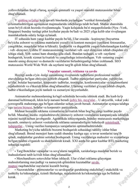 sblar dolzarb bo'lib qoladi. rieltorlar orasida loyiha qurilishini ilgari surish va amalga oshirish bilan shug'ullanadigan ishlab chiqaruvchilar - talab qilinadiganlar eng ko'p talab qilinadi. ular har qanday biznesni kontseptsiya bilan boshlaydilar, o'z mablag'larini unga sarflaydilar va individual moliyaviy sxemani tuzadilar. ishlab chiquvchining yakuniy maqsadi loyihaning narxini maksimal darajada oshirishdir. anderrayter nisbatan yangi biznes kasbi hisoblanadi. bozorda qimmatli qog'ozlar bu aktsiyalarni chiqarish va tarqatish jarayonini boshqaruvchi kafolat beruvchi shaxsning ismi. sug'urta biznesida anderrayter - bu tavakkalchiliklarni baholaydigan va shartnomalar tuzishning maqsadga muvofiqligi to'g'risida qaror qabul qiladigan mutaxassis. tashkilotchilik qobiliyati, tahliliy aqli va muloqot qobiliyatlari rivojlangan odamlar ishga qabul qilishda o'z kuchlarini sinab ko'rishlari kerak. ish beruvchi va ish qidiruvchi o'rtasidagi birinchi darajali vositachi "ne'mat ovchisi" deb nomlanadi. bosh qidiruvchi, oddiy yollovchilardan farqli o'laroq, ayniqsa qimmatli va yuqori maoshli mutaxassislar bilan shug'ullanadi. v qishloq xo'jaligi ko'p qavatli binolarda joylashgan "vertikal fermalarda"-avtomatlashtirilgan agrosanoat majmualarida ishchilarga talab bo'ladi. shahar sharoitida uzun bo'yli ekish hozirda …