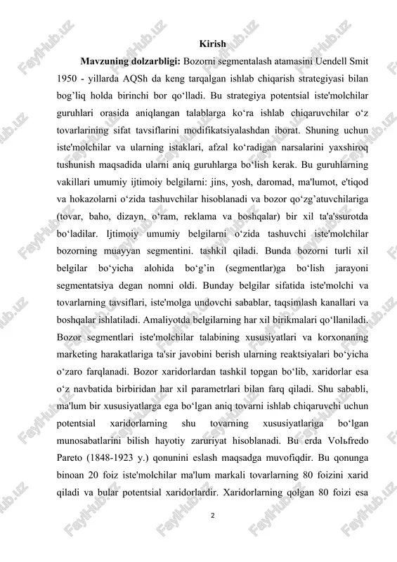 ishlab chiqaruvchi uchun potentsial xaridorlarning shu tovarning xususiyatlariga bo‘lgan munosabatlarini bilish hayotiy zaruriyat hisoblanadi. bu erda volfredo pareto (1848-1923 y.) qonunini eslash maqsadga muvofiqdir. bu qonunga binoan 20 foiz iste'molchilar ma'lum markali tovarlarning 80 foizini xarid qiladi va bular potentsial xaridorlardir. xaridorlarning qolgan 80 foizi esa tovarlarning qolgan 20 foizini xarid qiladilar. ko‘pchilik hollarda bu tovarlar o‘ylamasdan xarid qilinadi. bundan shunday xulosa qilish mumkinki, ishlab chiqaruvchilar o‘z tovarlarini va marketing faoliyatini bozorga qaratmasdan, balki aynan ana shu 20 foiz potentsial iste'molchilarga qaratadi. bozor faoliyatining bunday strategiyasi yuqori samaradorlikni ta'minlaydi. i. bob bozor iqtisodiyotiing mazmuni va uning asosiy belgilari. 1.1. bozori tushunchasi va bozori turlari bozor iqtisodiyotining quyidagi afzalliklari mavjud: 1. resurslarning taqsimlashni samaradorligi. bozor iqtisodiyoti raqobatli bo‘lgani sababli, resusrlarni jamiyatga eng zarur bo‘lgan tovarlar va xizmatlar ishlab chiqarishga yo‘naltiriladi. ishlab chiqarishda yangi texnika va texnologiyalar qo‘llaniladi. 2. erkinlik. bozor iqtisodiyoti tizimining muhim afzalliklaridan biri shundaki, u shaxsiy erkinlikka imkoniyat yaratib …