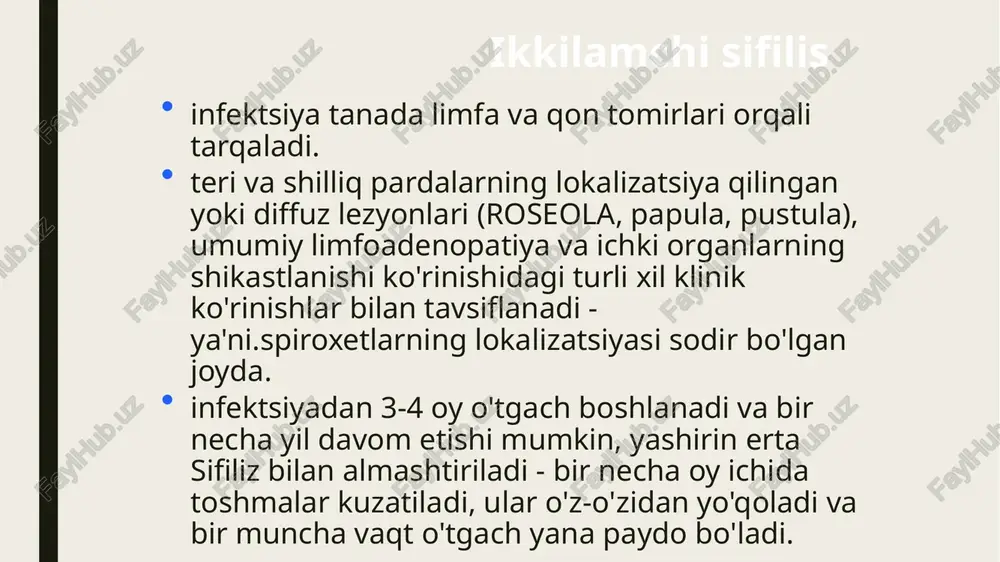 yumshoq tanglay shilliq qavatidagi roseoz dog'lar o'ziga xos eritematoz tonzillit deb tashxis qilinadi. ta'sir qilingan hudud turg'un qizil rangga ega, ba'zida mis rangga bo'yalgan, silliq yuzasi va aniq konturlari bor. subyektiv hislar ko'pincha yo'q, lekin ba'zida yutish noqulay bo'lishi mumkin. ikkilamchi sifilis bilan shilliq pardalardagi sifilidlar, ayniqsa relaps davrida, kasallikning yagona klinik ko'rinishi bo'lishi mumkin va muhim epidemiologik ahamiyatga ega, chunki ular tarkibida ko'p miqdordagi rangpar treponemalar mavjud 6 roseoz sifilisning navlari eroziv sifilidlar. makerlangan epiteliya orollari dog'lar yuzasida paydo bo'ladi, ularning ajralishi eroziya hosil bo'lishiga olib keladi. eroziyani ajratishda rangpar treponemalarning ko'pligi mavjud. 7 papulyar sifilis ikkilamchi sifilis takrorlanganda paydo bo'ladi bu yumaloq shakldagi tugunlar (papulalar), zich elastik tutarlılık, yarim shar shaklida, yasmiqdan no'xatgacha. dastlabki kunlarda papulalarning yuzasi silliq, porloq, so'ngra biettning "yoqasi" shaklida periferiya bo'ylab xarakterli peeling chegarasi bilan tozalanadi. papulalarning lokalizatsiyasi har qanday bo'lishi mumkin. sevimli joylar mavjud-jinsiy a'zolar, kaftlar, tagliklar, anus maydoni. 8 9 10 11 …
