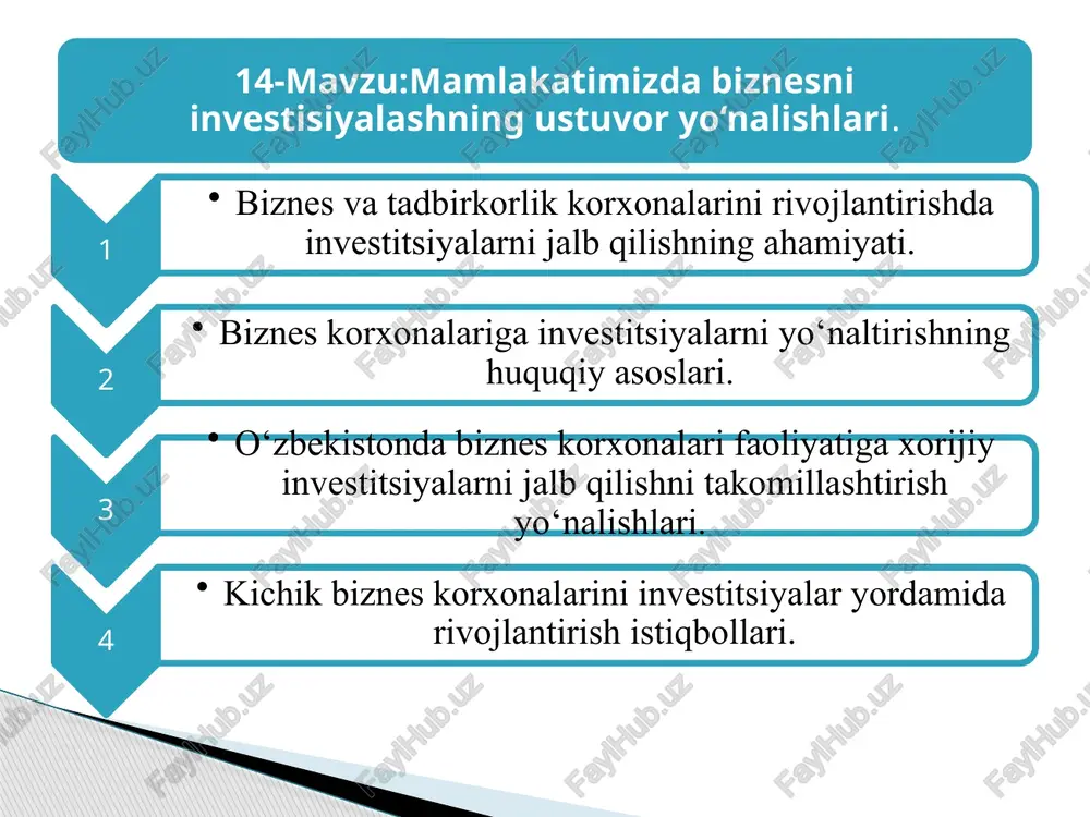 ridan to‘g‘ri xorijiy investitsiya kiritilgan. 2022 yilda bu ko‘rsatkich 9,5 mlrd dollar bo‘lishi reja qilingan edi. buning natijasida 318 ta yirik va 15 mingdan ziyod hududiy loyiha amalga oshirilib, 273 mingdan ortiq ish o‘rni tashkil etilgan. 1.biznes va tadbirkorlik korxonalarini rivojlantirishda investitsiyalarni jalb qilishning ahamiyati. bugungi kunda mamlakatimiz jahon banki, osiyo taraqqiyot banki, islom taraqqiyot banki, yevropa tiklanish va taraqqiyot banki, osiyo infratuzilma investitsiyalari banki kabi yirik xalqaro moliya institutlari va tashkilotlari bilan yaqin hamkorlikni yo‘lga qo‘ygan. 2022-yilga kelib, mamlakatimiz iqtisodiyotiga investitsiya kiritgan mamlakatlar soni 50 dan ortdi. ularning orasida rossiya, xitoy, turkiya, germaniya, janubiy koreya kabi mamlakatlar yetakchilik qilmoqda. mamlakatimizga kiritilayotgan xorijiy investitsiyalar va kreditlar hajmi 2017-yilda 3,3 milliard dollarni tashkil etgan bo‘lsa, 2022-yil yakunida ushbu ko‘rsatkich uch barobar ortib, 9,8 milliard dollarga yetdi. buning natijasida xorijiy investitsiyalar va kreditlarning jami investitsiyalardagi ulushi 23,8 foizdan 40,5 foizgacha ortdi. 1.biznes va tadbirkorlik korxonalarini rivojlantirishda investitsiyalarni jalb qilishning ahamiyati. xorijiy investitsiyalar …
