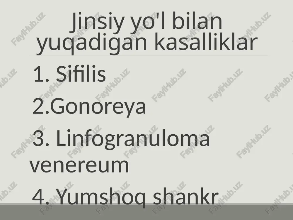 sperimental ravishda olinmagan patogenezi gonokokklar shilliq qavati ustunli epiteliy bilan qoplangan organlarni yuqtiradi- --uretra ko'z kon'yunktivasi - bachadon bo'yni kanali - to'g'ri ichakning pastki qismi - juda kamdan-kam hollarda jarayon tashqi jinsiy a'zolar va farenksning qatlamli skuamoz epiteliysini o'z ichiga oladi. bo'g'imlarning sinovial membranasi gonoreyaning tasnifi po davnosti zabolevaniya 1. yangi gonoreya-2 oygacha bo'lgan muddat - o'tkir - o’tkir osti -torpedik 2. surunkali gonoreya-2 oydan ortiq muddat 3. yashirin gonoreya klinikasi inkubatsion davr - 1 kundan ikki oygacha (odatda 2-3 kun) erkaklarda gonoreya klinikasi siydik chiqarish yoʻllarining patologik jarayoniga zarar yetkazilishi va boshqa koʻrinishlari uretritning asoratlari sifatida koʻriladi . erkaklarda gonoreyaning asoratlari jinsiy olatni boshi terisining yallig'lanishi - balanit; seminal vesikulaning yallig'lanishi - kolikulit; terining shikastlanishi; tizonit; parauretrit; litreit, lakunit; limfangit, limfadenit; kooperatsiya; epididimit; prostatit; vesikulit; siydik yo'llarining strikturalari; impotensiya; bepushtlik ayollarda gonoreya klinikasi pastki siydik- tanosil a’zolarning gonoreyasi - - uretrit - - parauretrit - - vulvit - - …