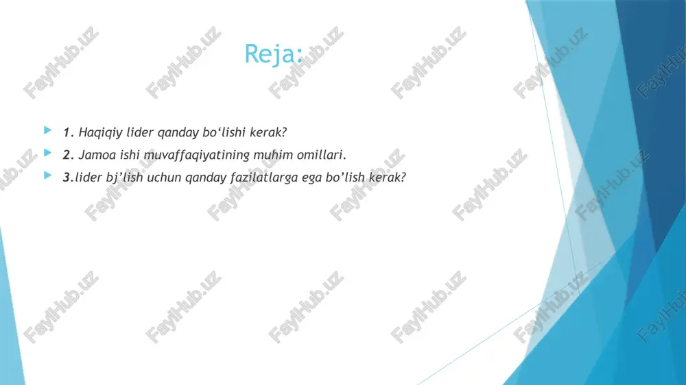oa vazifalarini tezda hal qilish uchun ishni tashkillashtirish va jamoani rag‘batlantirish qobiliyati; har qanday vaziyatda tezlik bilan harakat qilish qobiliyati; qiyin paytlarda jamoa a’zolariga yordam berish va ularni qo‘llab-quvvatlashga tayyor bo‘lish. jamoa lideri – bu jamoa a’zosi bo‘lib, liderlikning qo‘shimcha sifatlari va majburiyatlariga ega shaxs hisoblanadi. jamoa liderining asosiy funksiyalari quyidagilardir: jamoani muntazam takomillashtirgan holda boshqarish; jamoa uchrashuvlarini rejaga muvofiq vaqtida tashkil etish; sifatni takomillashtirish metodikasini o‘rganish va qo‘llash; agar jamoa o‘sishda bo‘lsa, bu haqda hammani xabardor qilib, a’zolarda motivatsiya uyg‘otish; jamoaning dinamik ishlash tamoyillarini – mehnat qilishdagi g‘ayratini o‘rganish, kuzatib borish va o‘zaro xabardor qilish; turli ta’lim, tarbiya, tajriba, qadriyatlar va e’tiqodga ega insonlarning birgalikda harakat qilishlarini ta’minlash; o‘z tajriba va bilimlarini boshqa a’zolar bilan bo‘lishish. jamoa liderining roli jamoa lideri degani hamma va har bir ishni o‘zi bajarishi, degani emas. liderning asosiy funksiyalaridan biri – ishtirokni rag‘batlantirishdir. jamoa rahbari eslatmalar to‘playdi va taqsimlaydi, grafiklar tayyorlaydi, ma’lumotlarni jamlab, jamoaga …